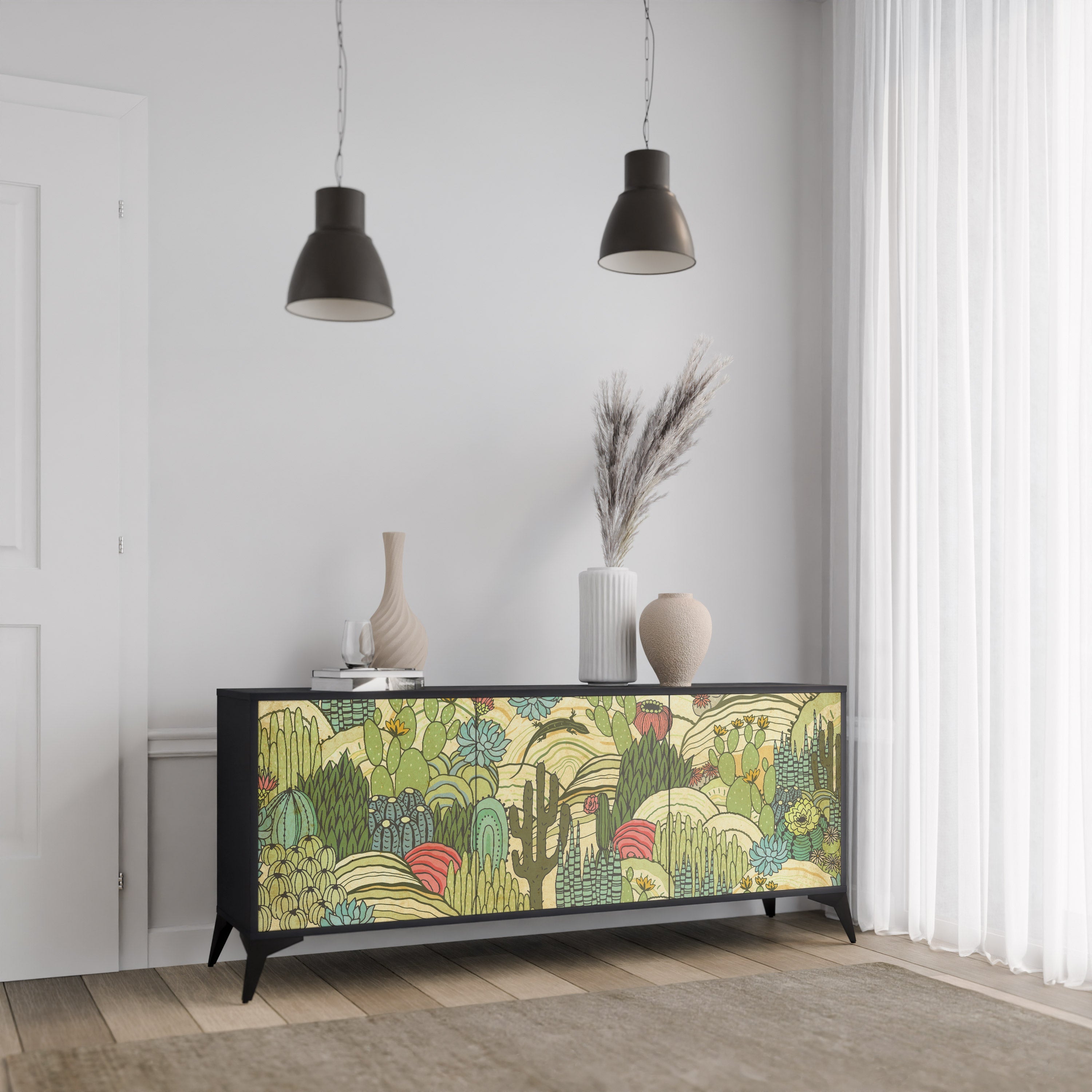 SUCCULENTS KALEIDOSCOPE Sideboard mit 3 Türen in Schwarz
