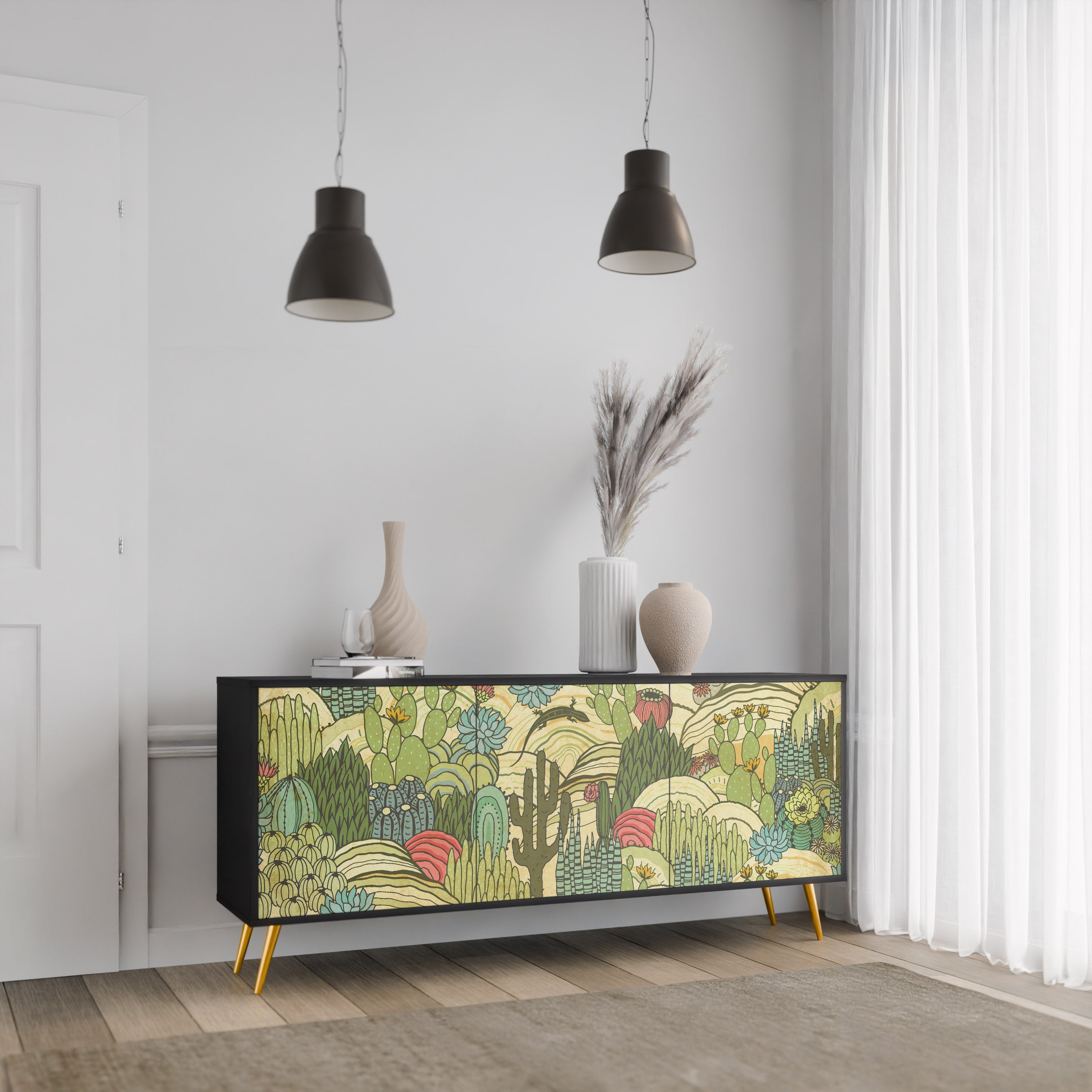 SUCCULENTS KALEIDOSCOPE Sideboard mit 3 Türen in Schwarz