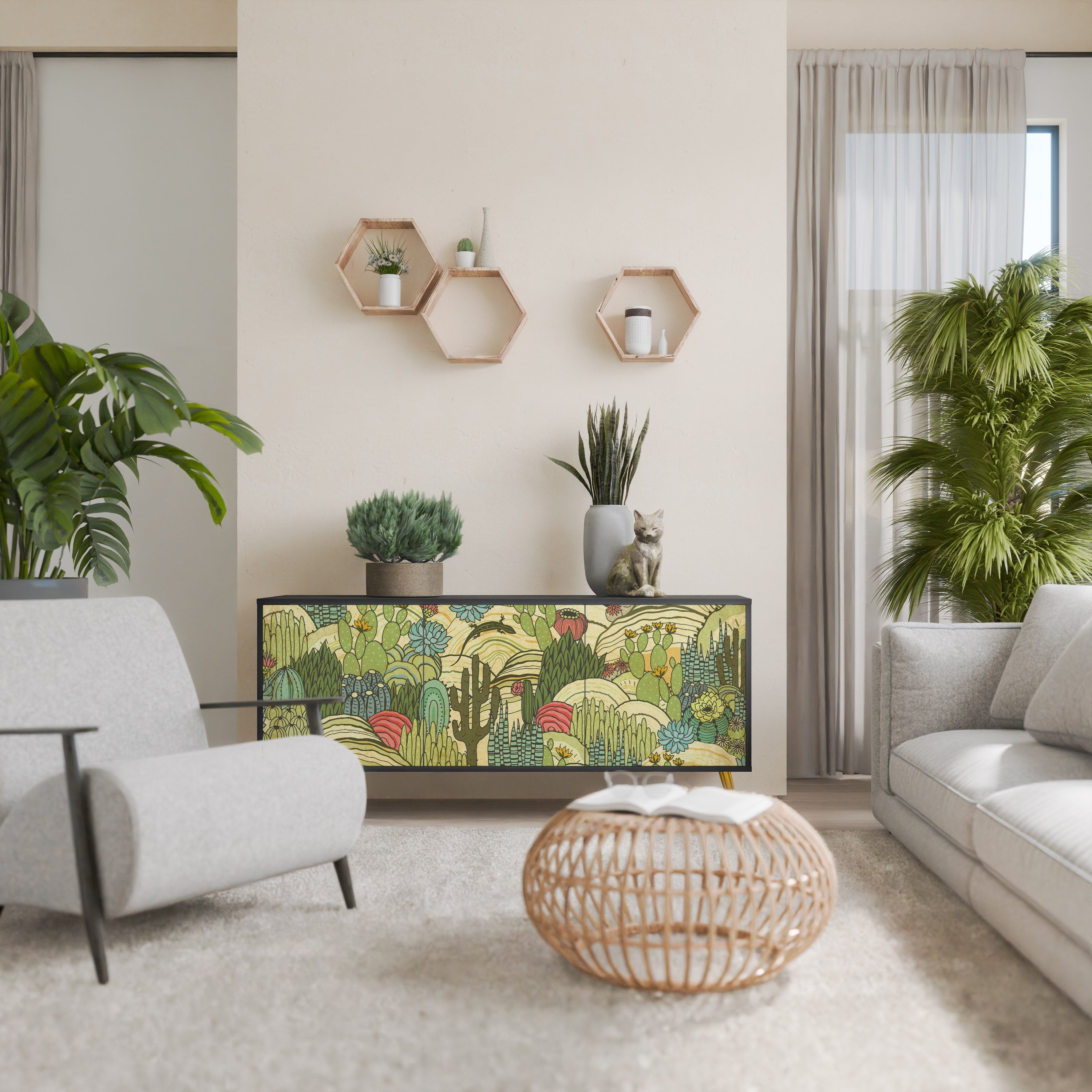 SUCCULENTS KALEIDOSCOPE Sideboard mit 3 Türen in Schwarz