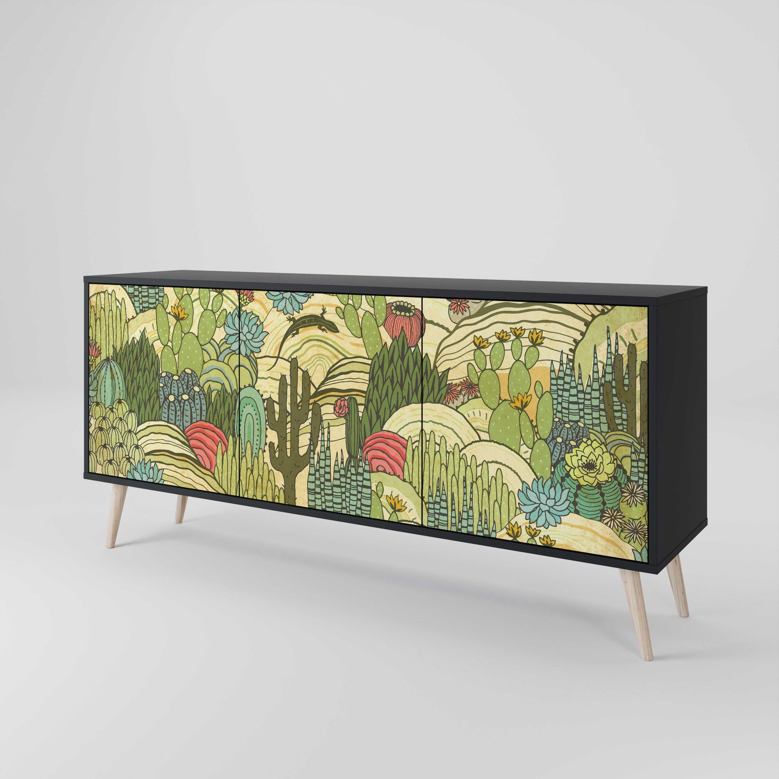 SUCCULENTS KALEIDOSCOPE Sideboard mit 3 Türen in Schwarz