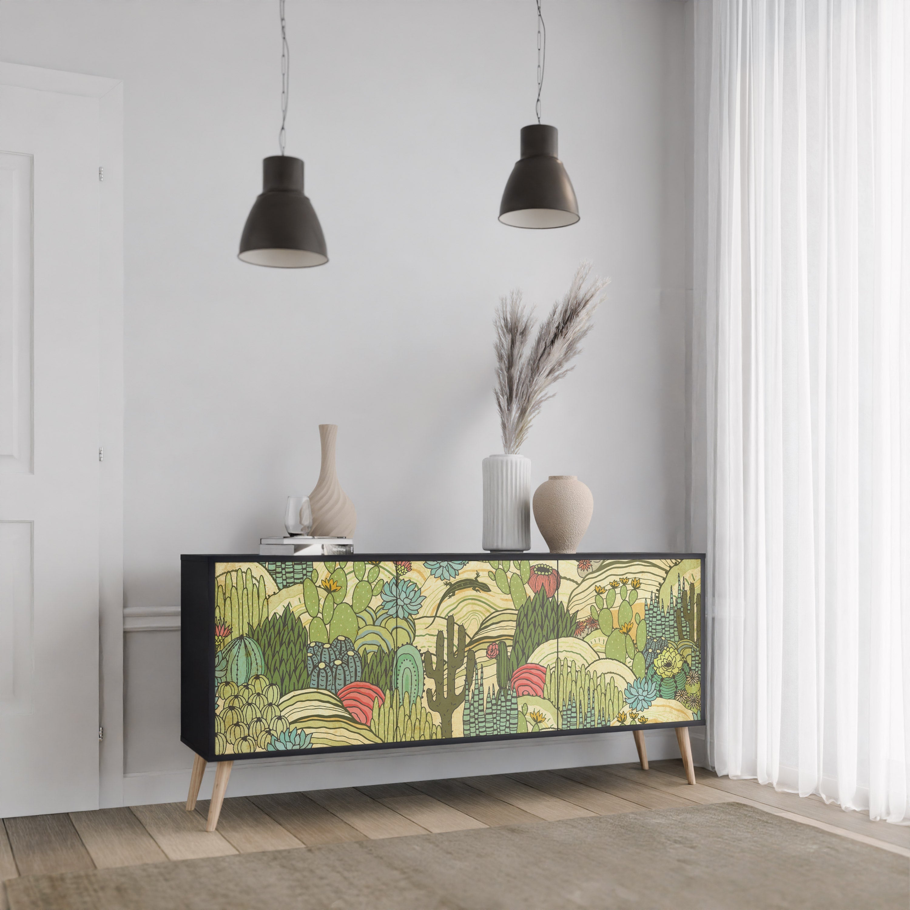 SUCCULENTS KALEIDOSCOPE Sideboard mit 3 Türen in Schwarz