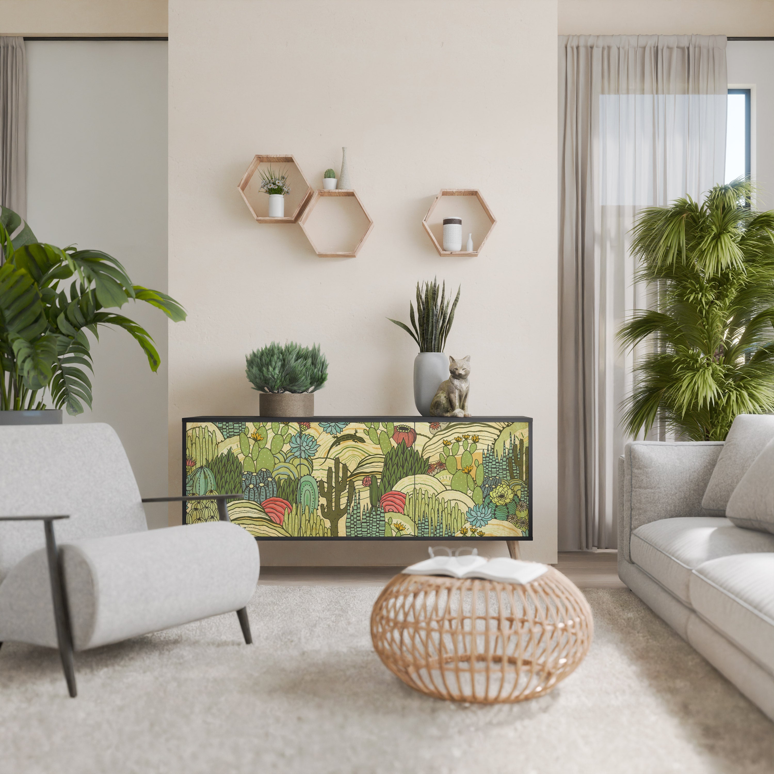 SUCCULENTS KALEIDOSCOPE Sideboard mit 3 Türen in Schwarz