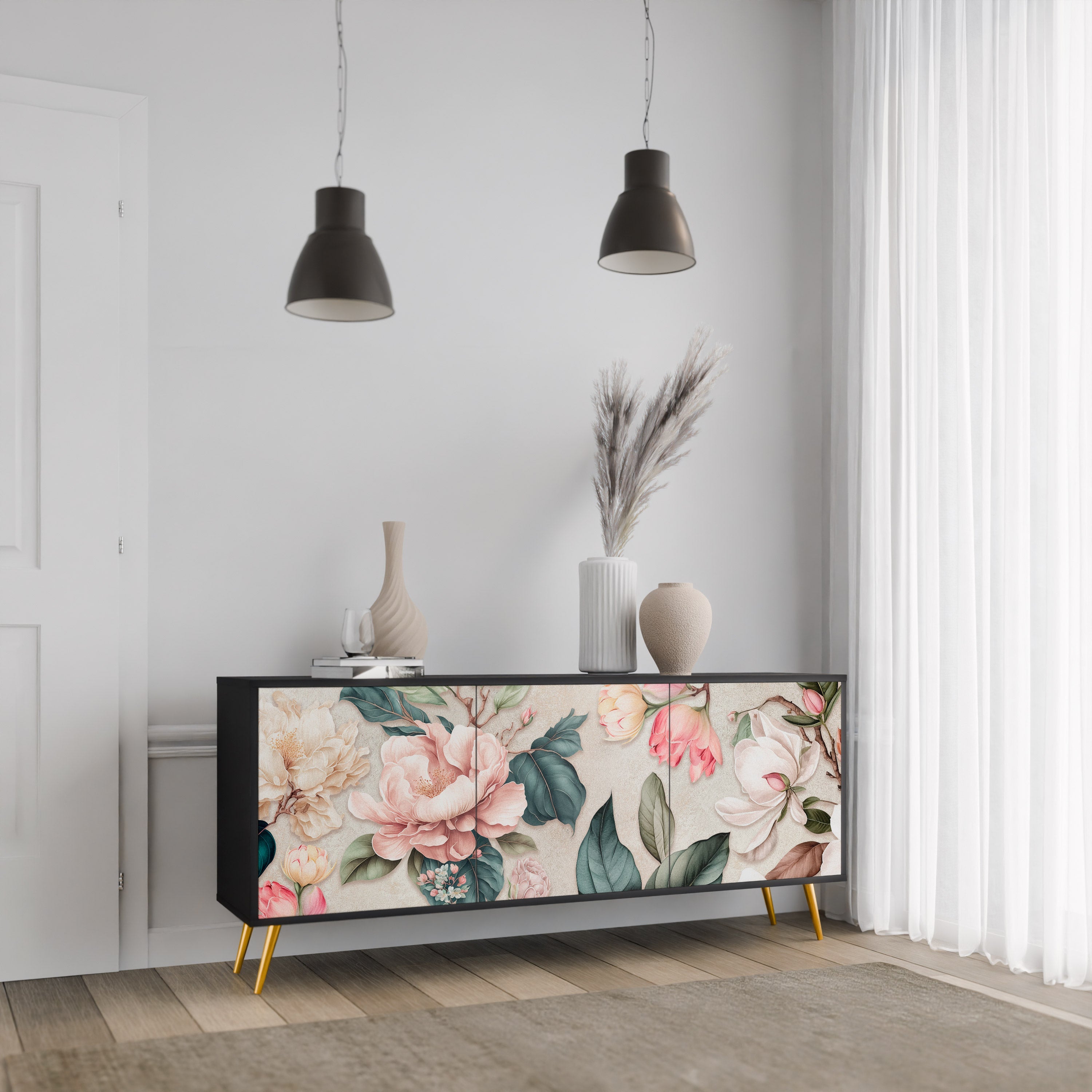 FLORAL GRACE 3-türiges Sideboard in Schwarz