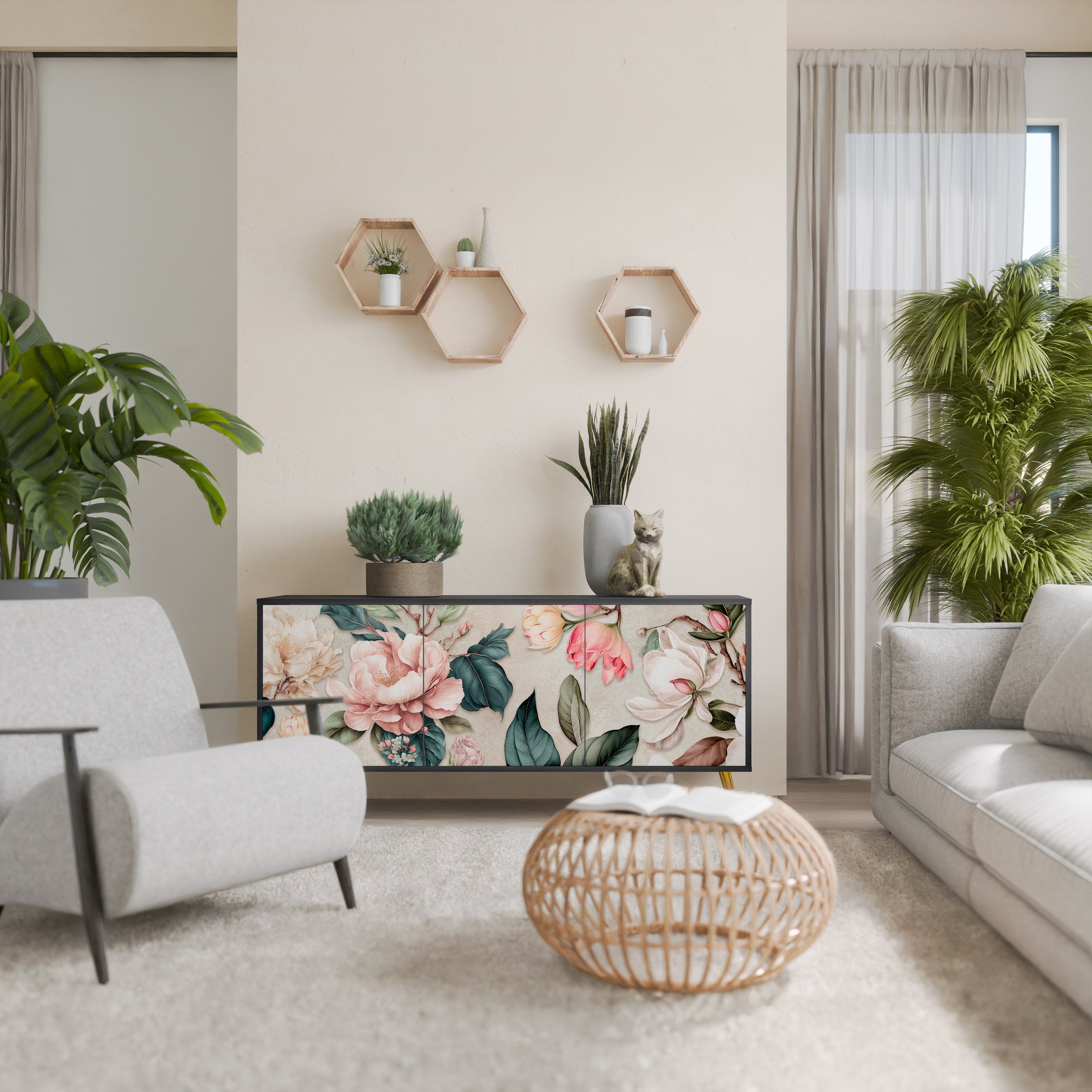 FLORAL GRACE 3-türiges Sideboard in Schwarz