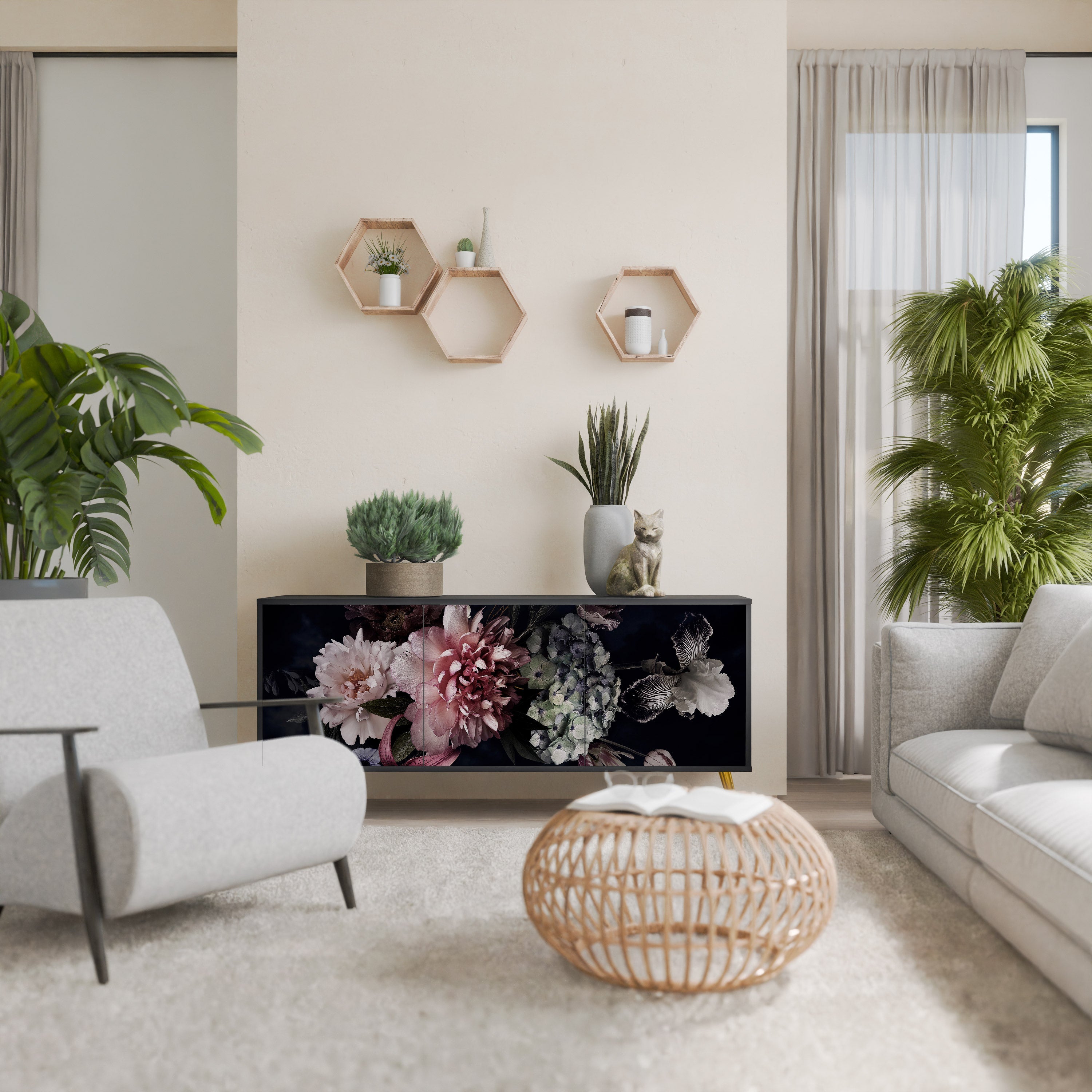PURE BLOSSOM Sideboard mit 3 Türen in Schwarz