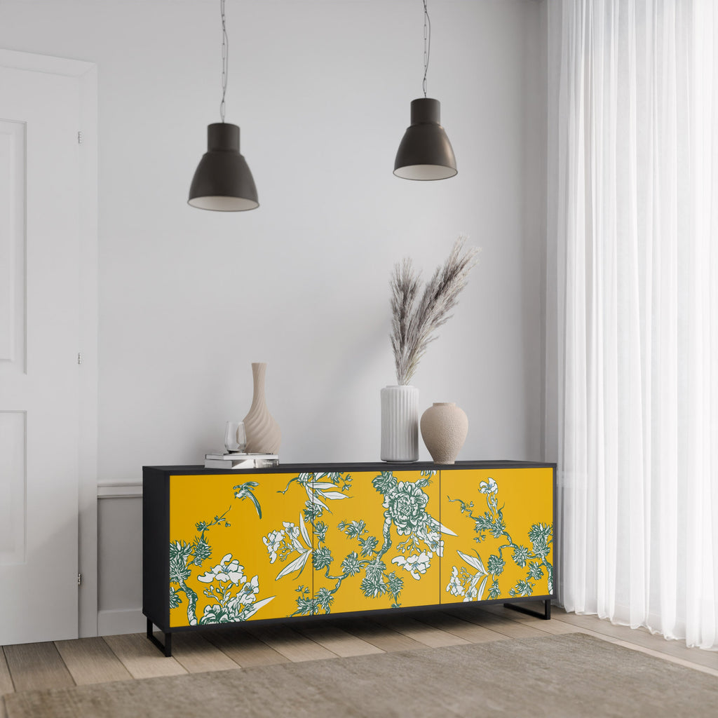 YELLOW CHINOISERIE 3-türiges Sideboard in schwarzem Finish