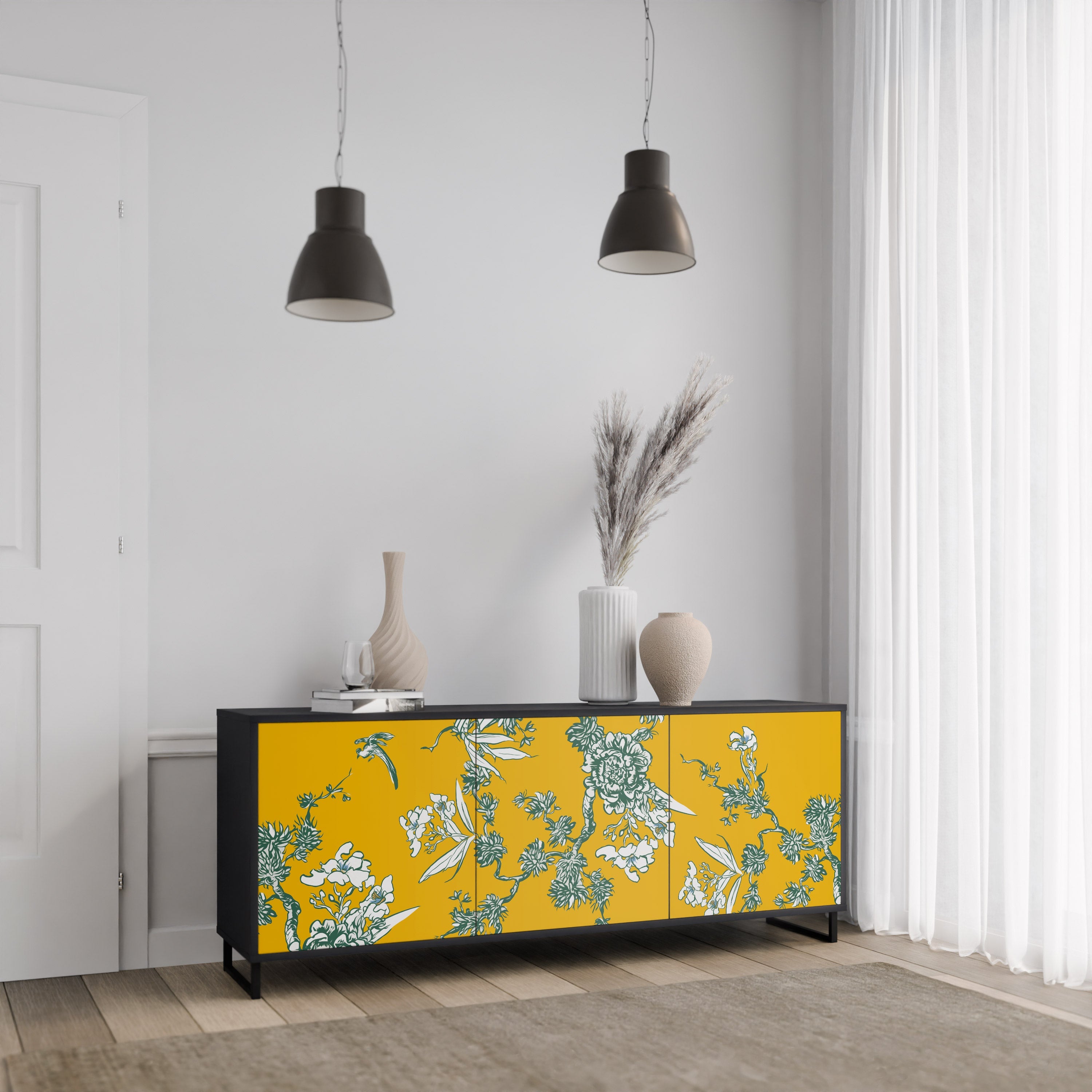 YELLOW CHINOISERIE 3-türiges Sideboard in schwarzem Finish
