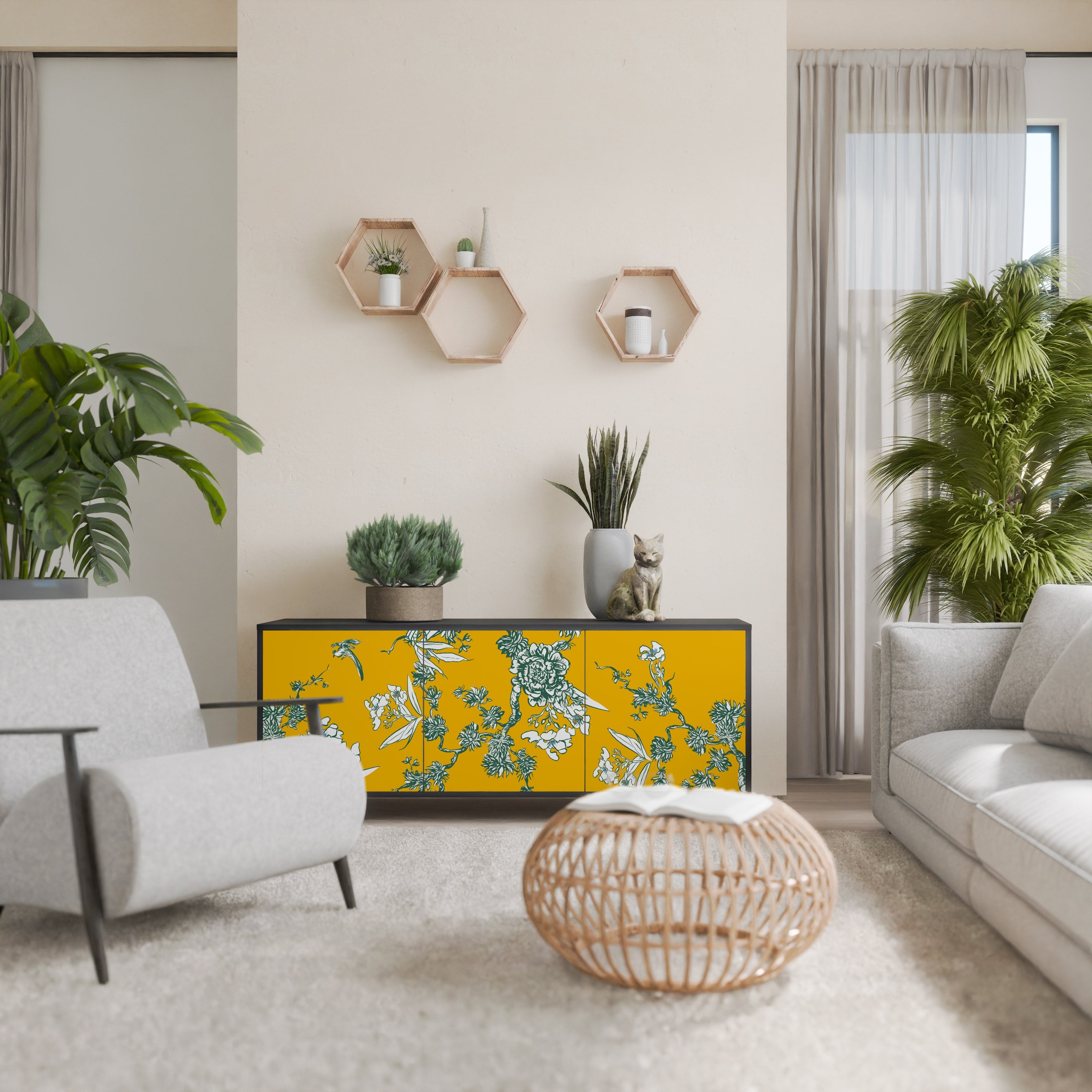 YELLOW CHINOISERIE 3-türiges Sideboard in schwarzem Finish