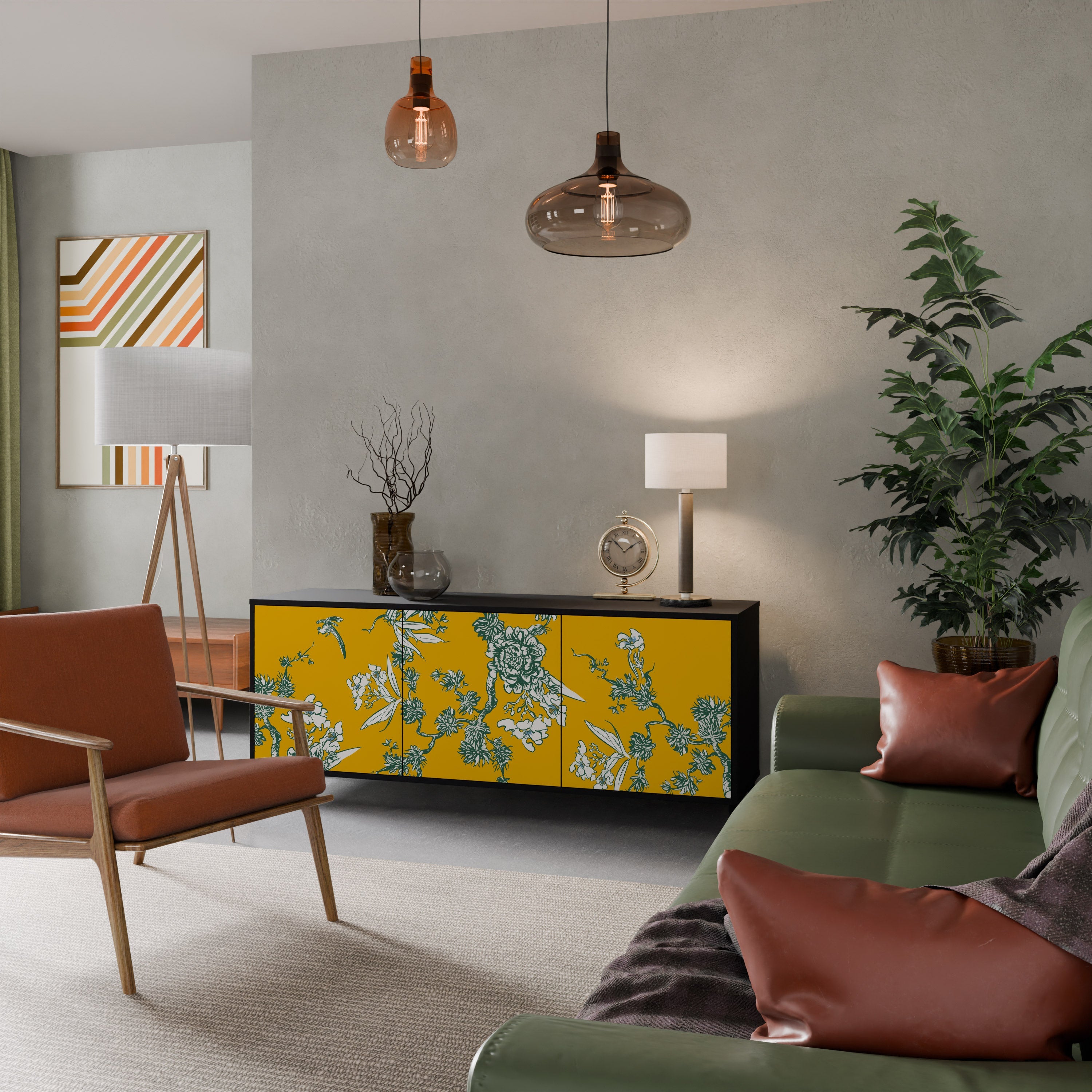 YELLOW CHINOISERIE 3-türiges Sideboard in schwarzem Finish