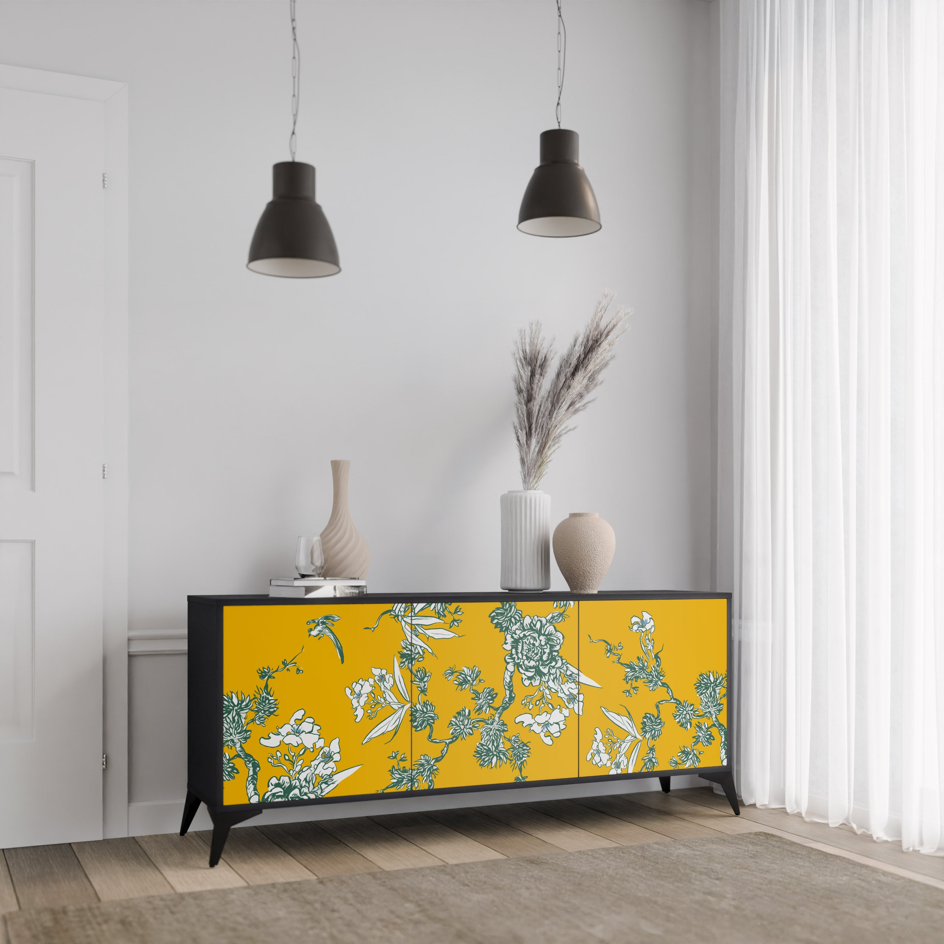 YELLOW CHINOISERIE 3-türiges Sideboard in schwarzem Finish