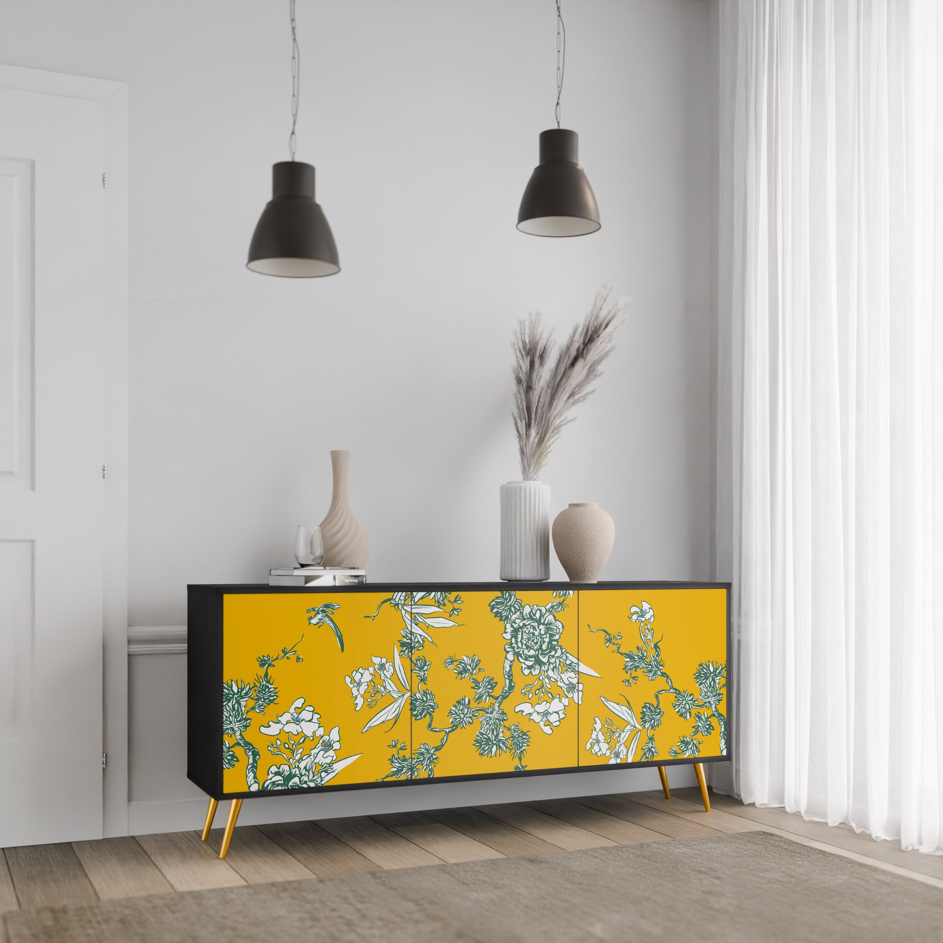 YELLOW CHINOISERIE 3-türiges Sideboard in schwarzem Finish