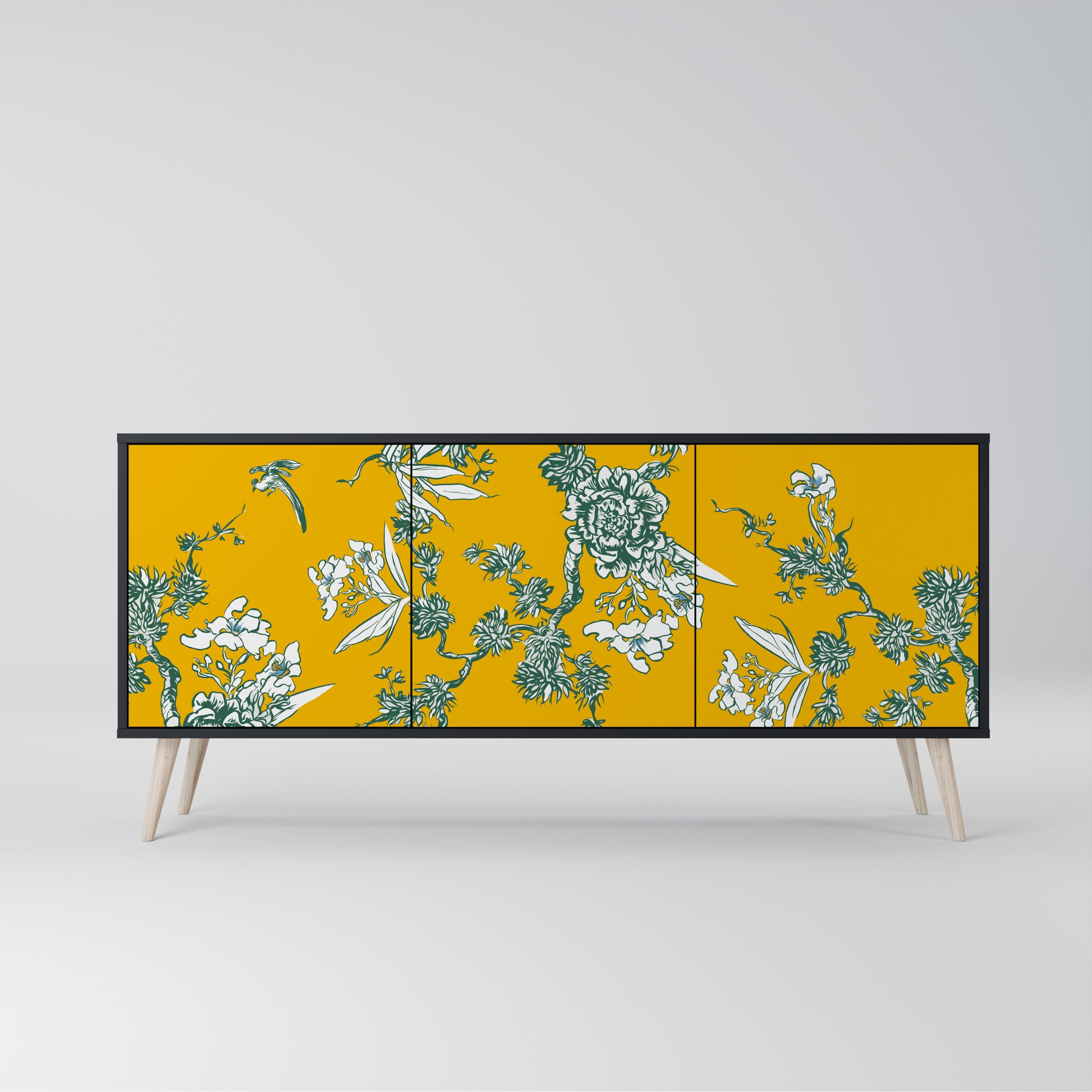 YELLOW CHINOISERIE 3-türiges Sideboard in schwarzem Finish