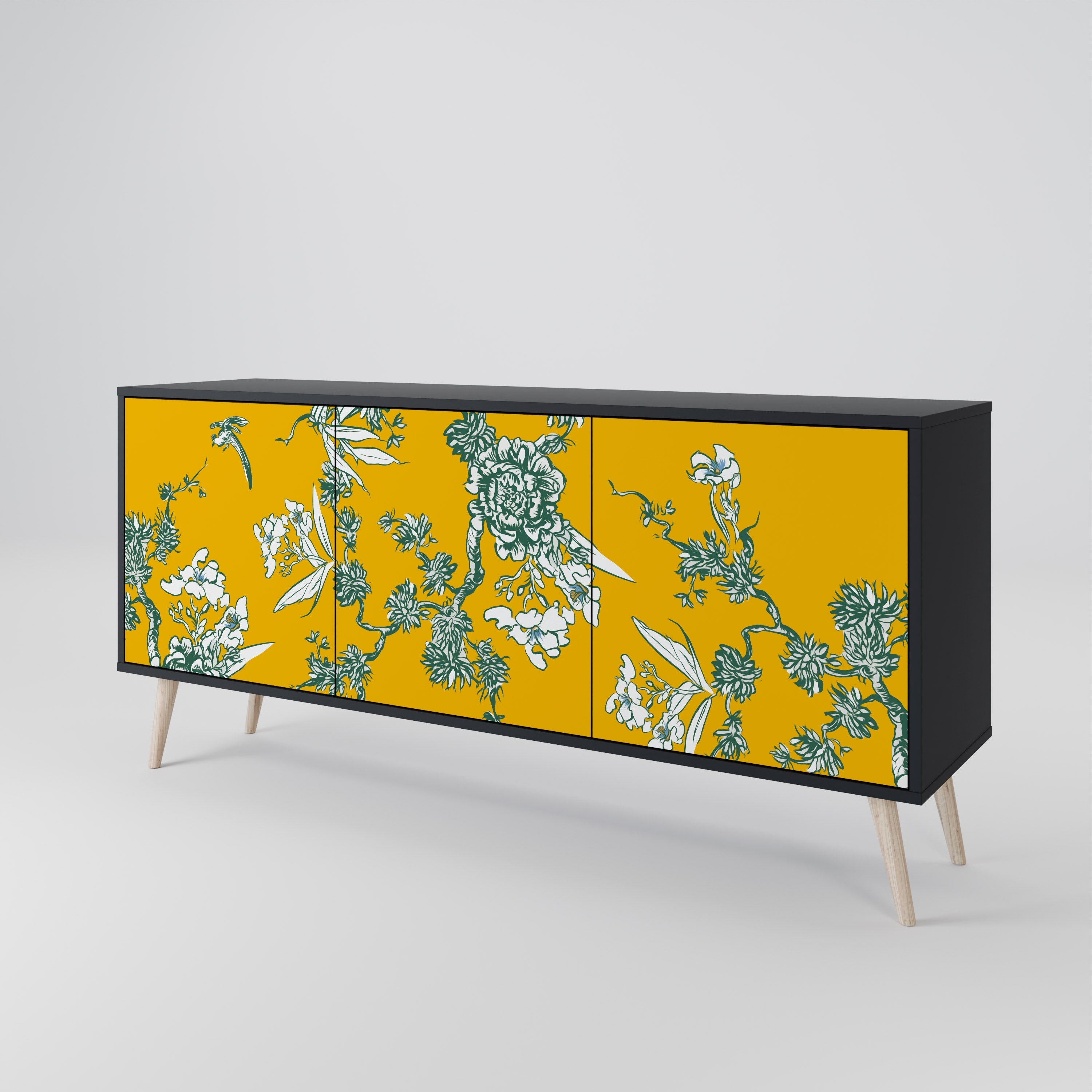 YELLOW CHINOISERIE 3-türiges Sideboard in schwarzem Finish
