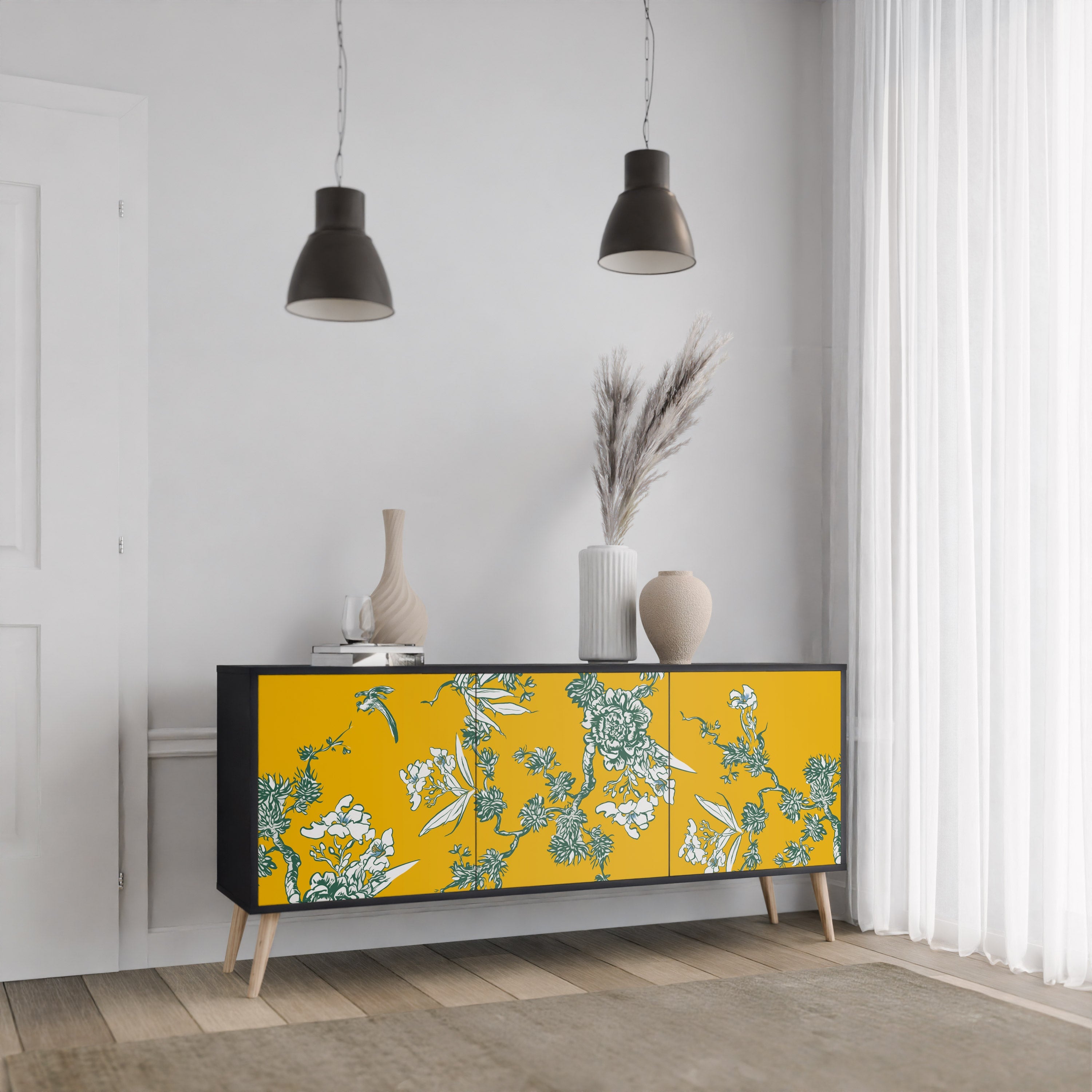 YELLOW CHINOISERIE 3-türiges Sideboard in schwarzem Finish