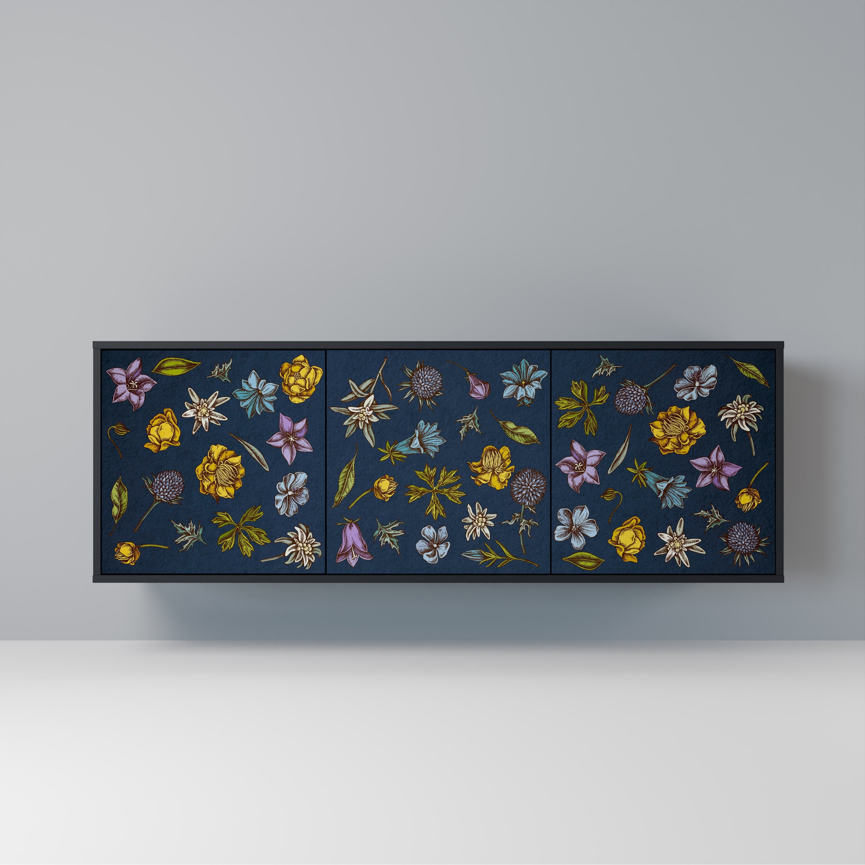 BLUMEN AUF MARINEBLAUEM 3-türigem Sideboard in schwarzem Finish