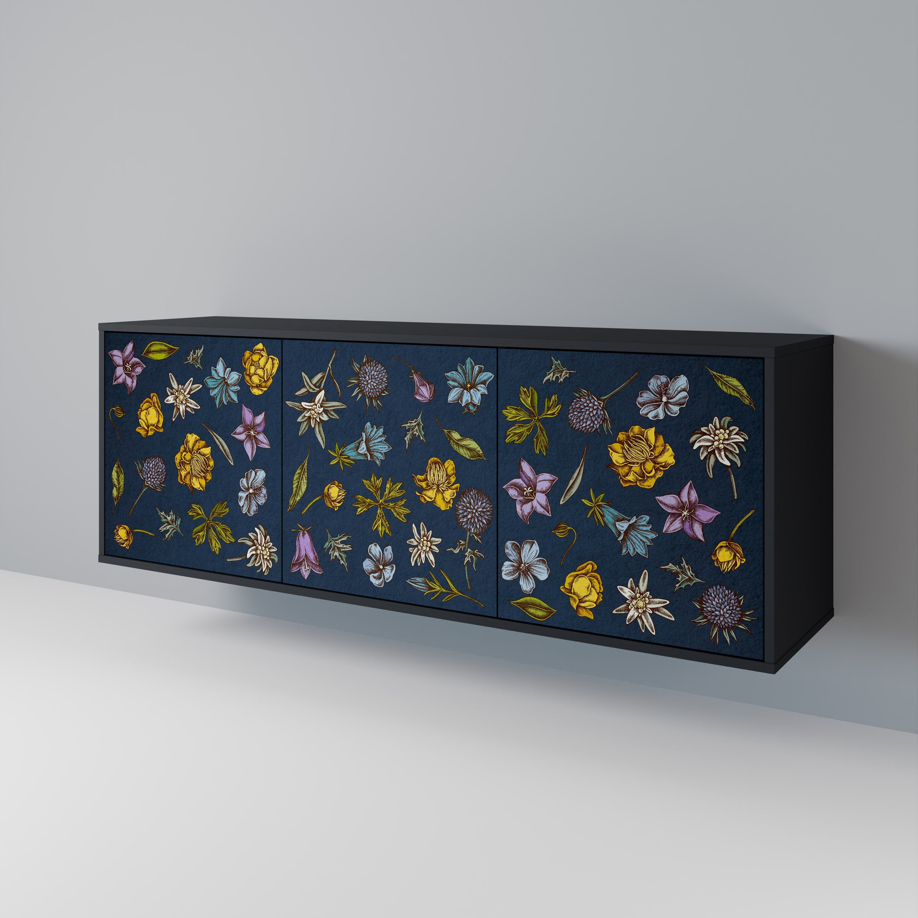BLUMEN AUF MARINEBLAUEM 3-türigem Sideboard in schwarzem Finish