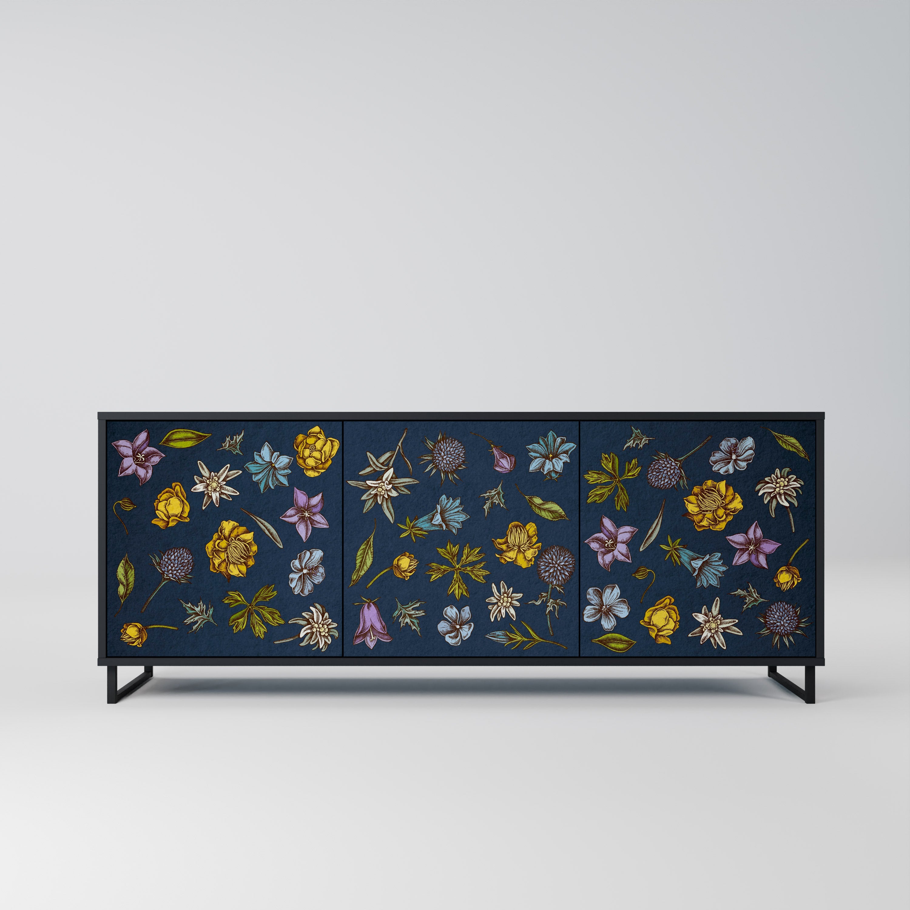BLUMEN AUF MARINEBLAUEM 3-türigem Sideboard in schwarzem Finish