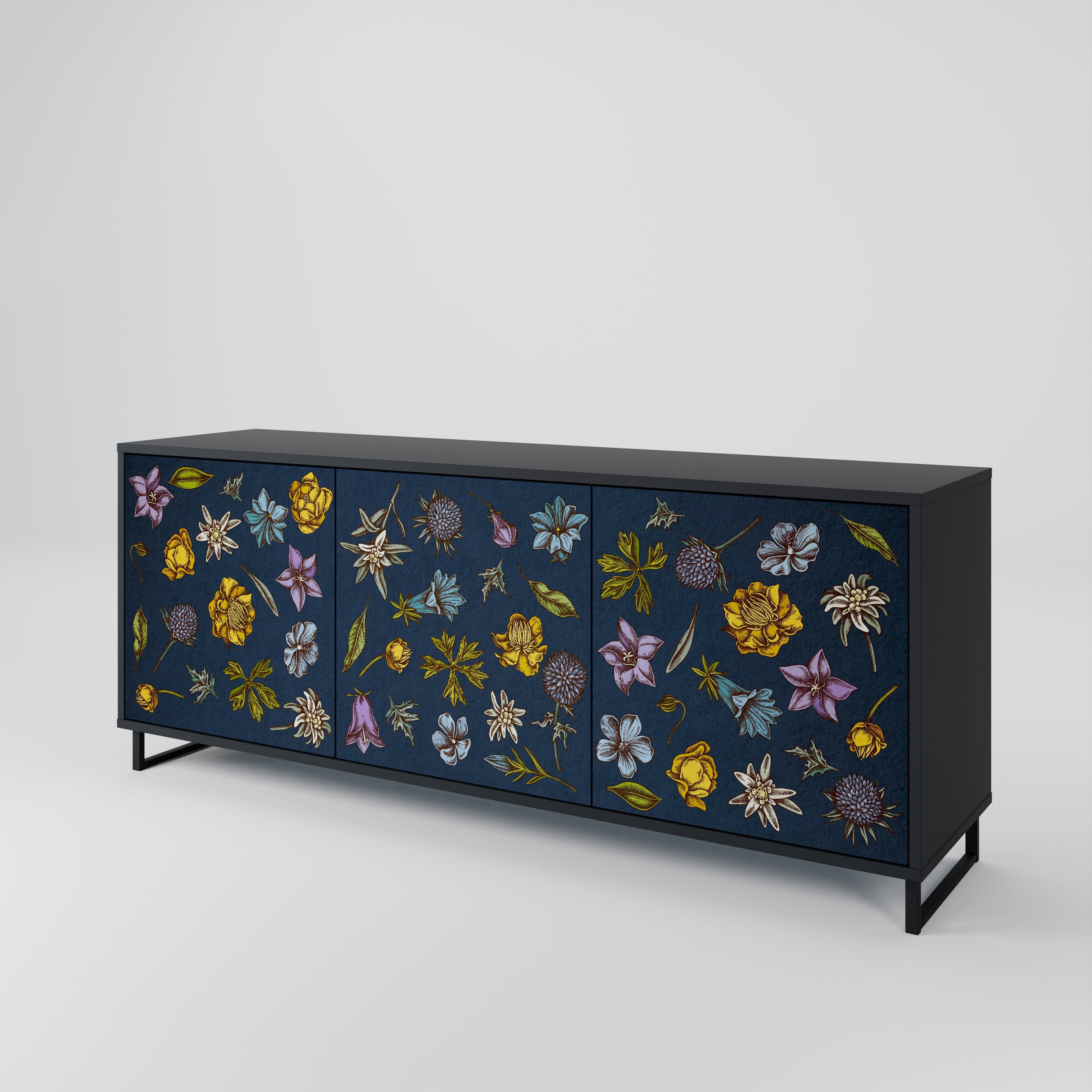 BLUMEN AUF MARINEBLAUEM 3-türigem Sideboard in schwarzem Finish