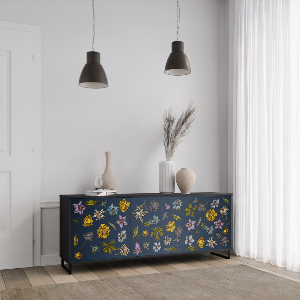 BLUMEN AUF MARINEBLAUEM 3-türigem Sideboard in schwarzem Finish