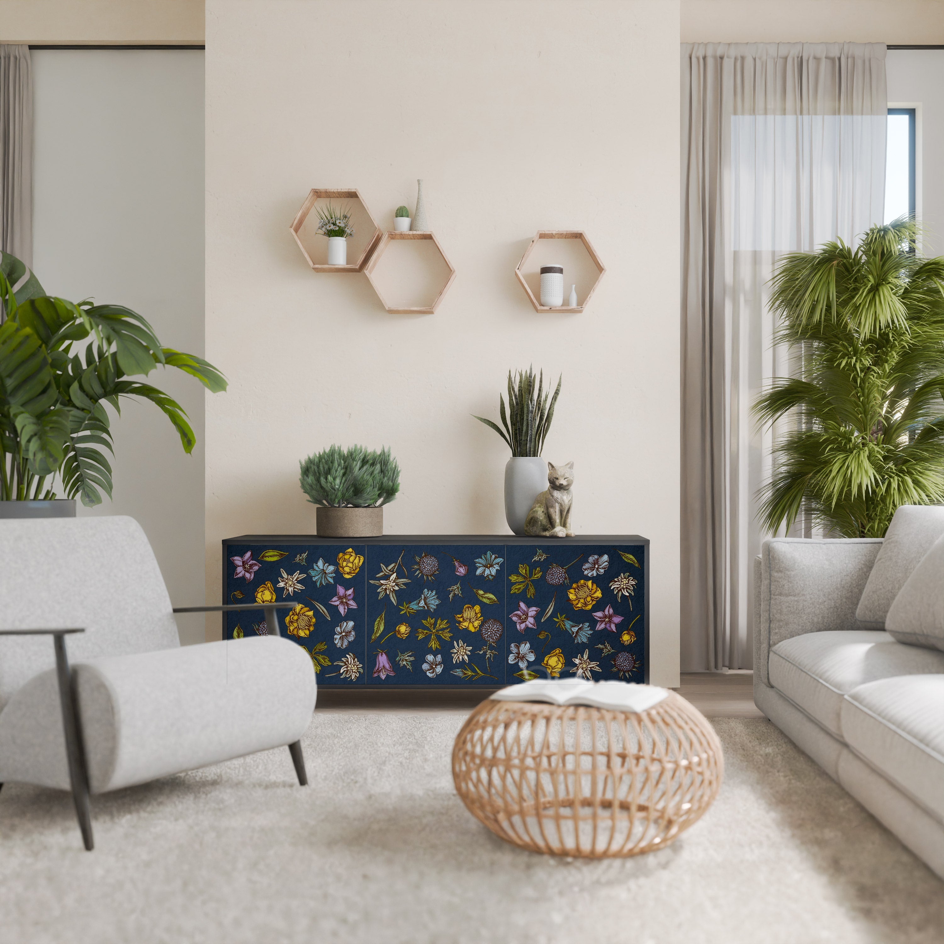 BLUMEN AUF MARINEBLAUEM 3-türigem Sideboard in schwarzem Finish