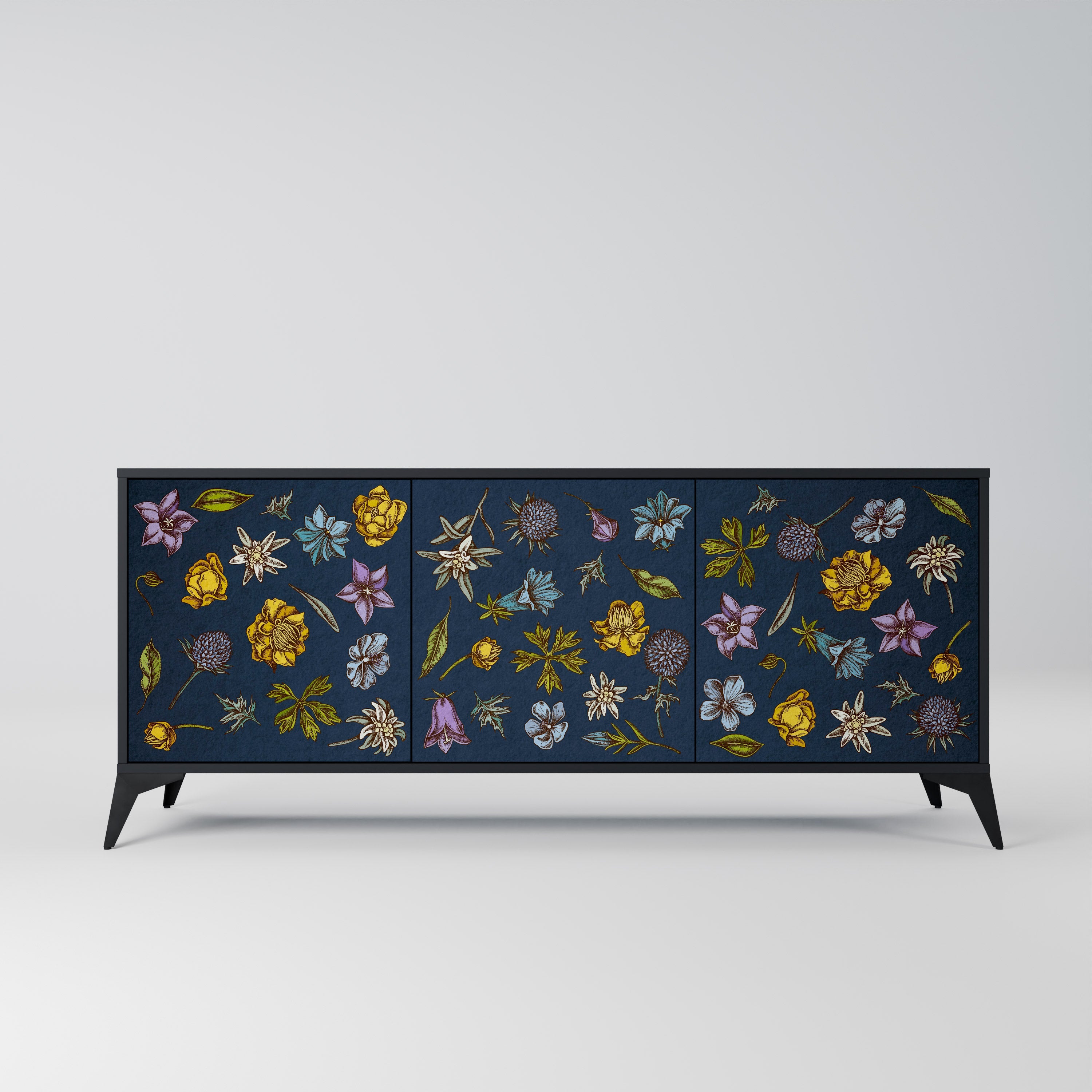 BLUMEN AUF MARINEBLAUEM 3-türigem Sideboard in schwarzem Finish