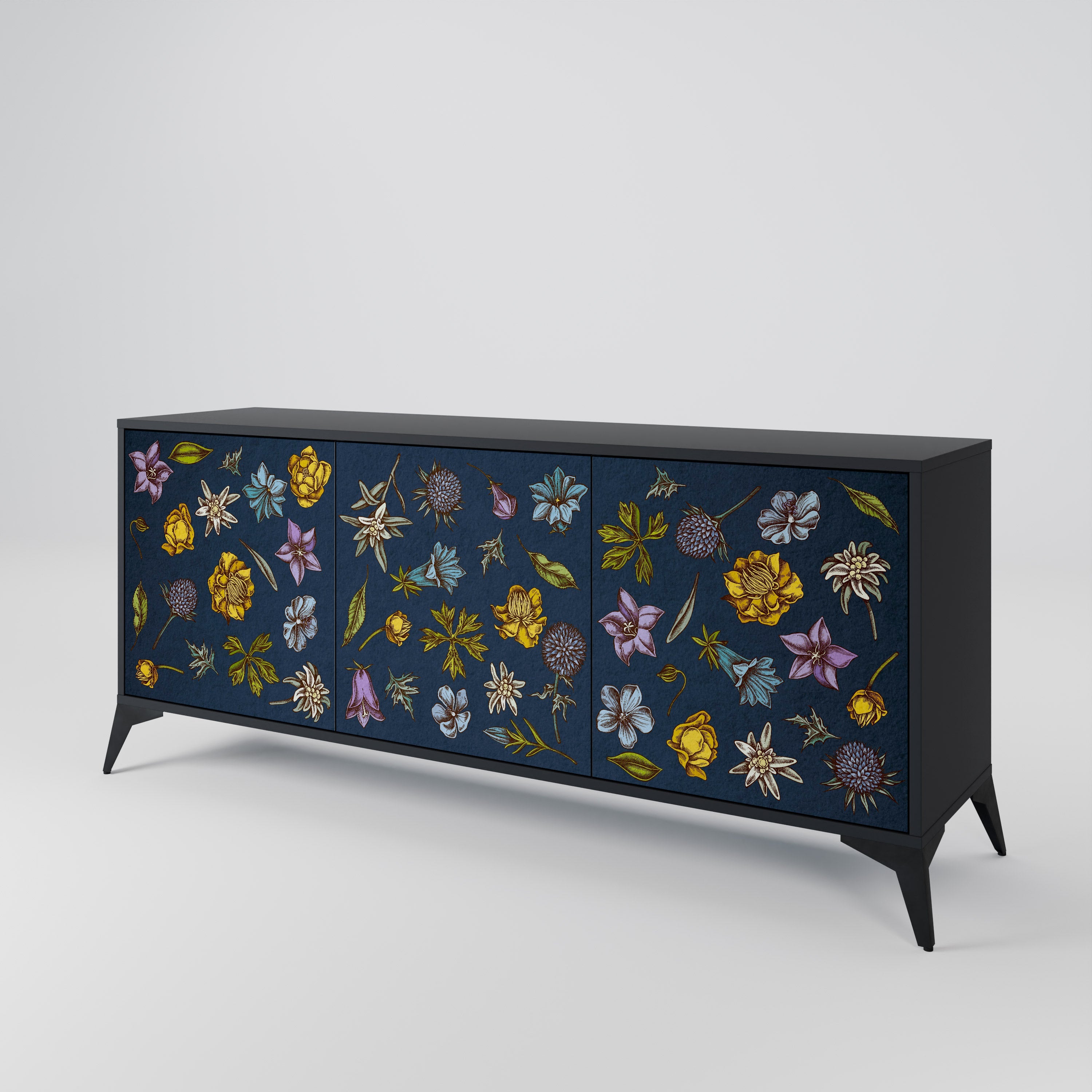 BLUMEN AUF MARINEBLAUEM 3-türigem Sideboard in schwarzem Finish