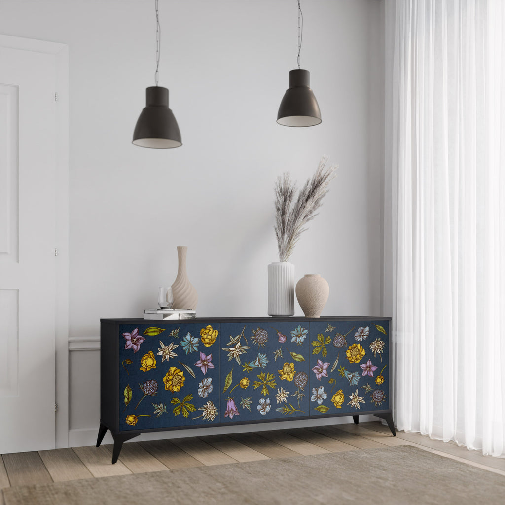 BLUMEN AUF MARINEBLAUEM 3-türigem Sideboard in schwarzem Finish