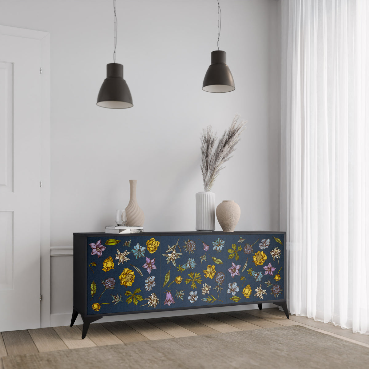 FLOWERS ON NAVY BLUE 3-türiges Sideboard