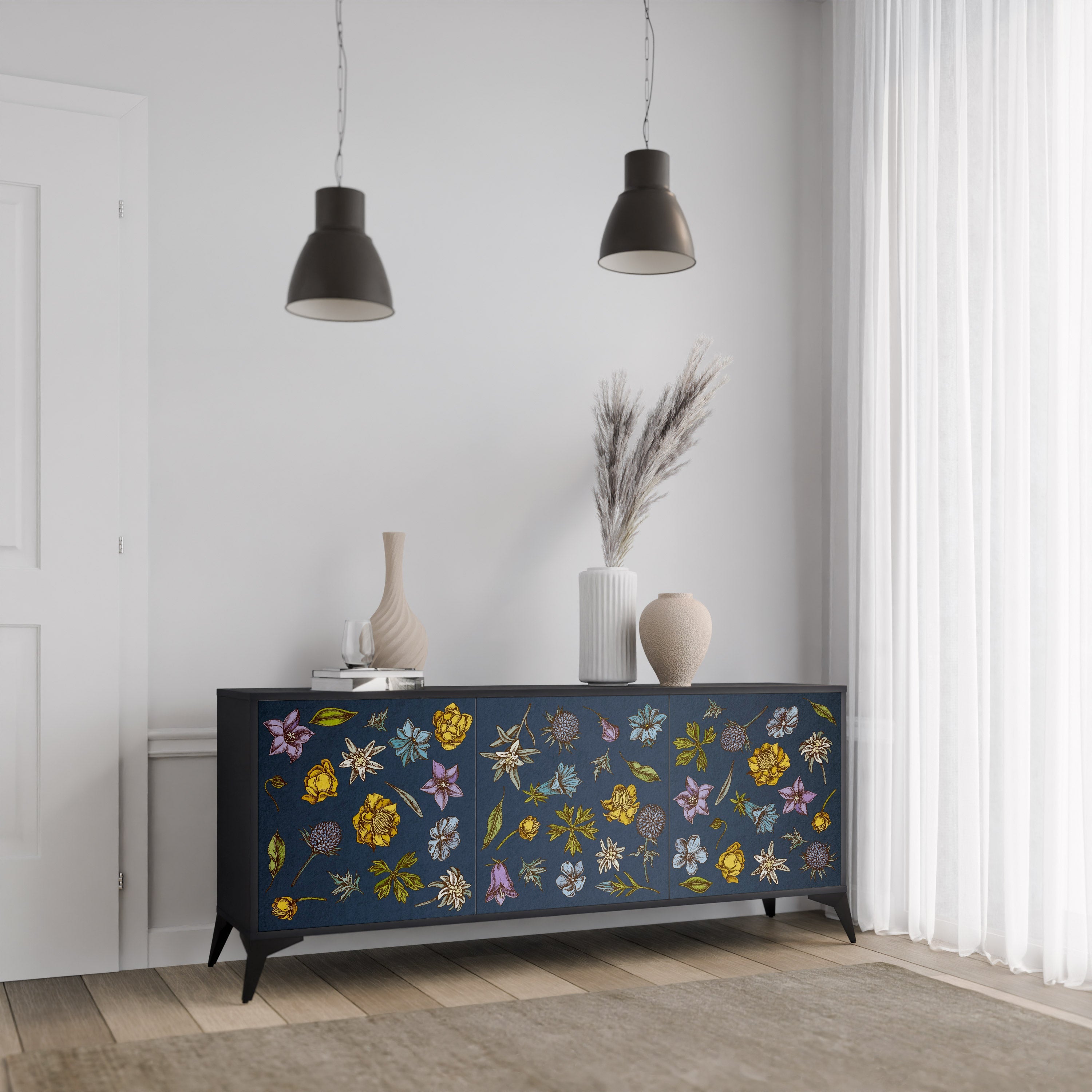 BLUMEN AUF MARINEBLAUEM 3-türigem Sideboard in schwarzem Finish