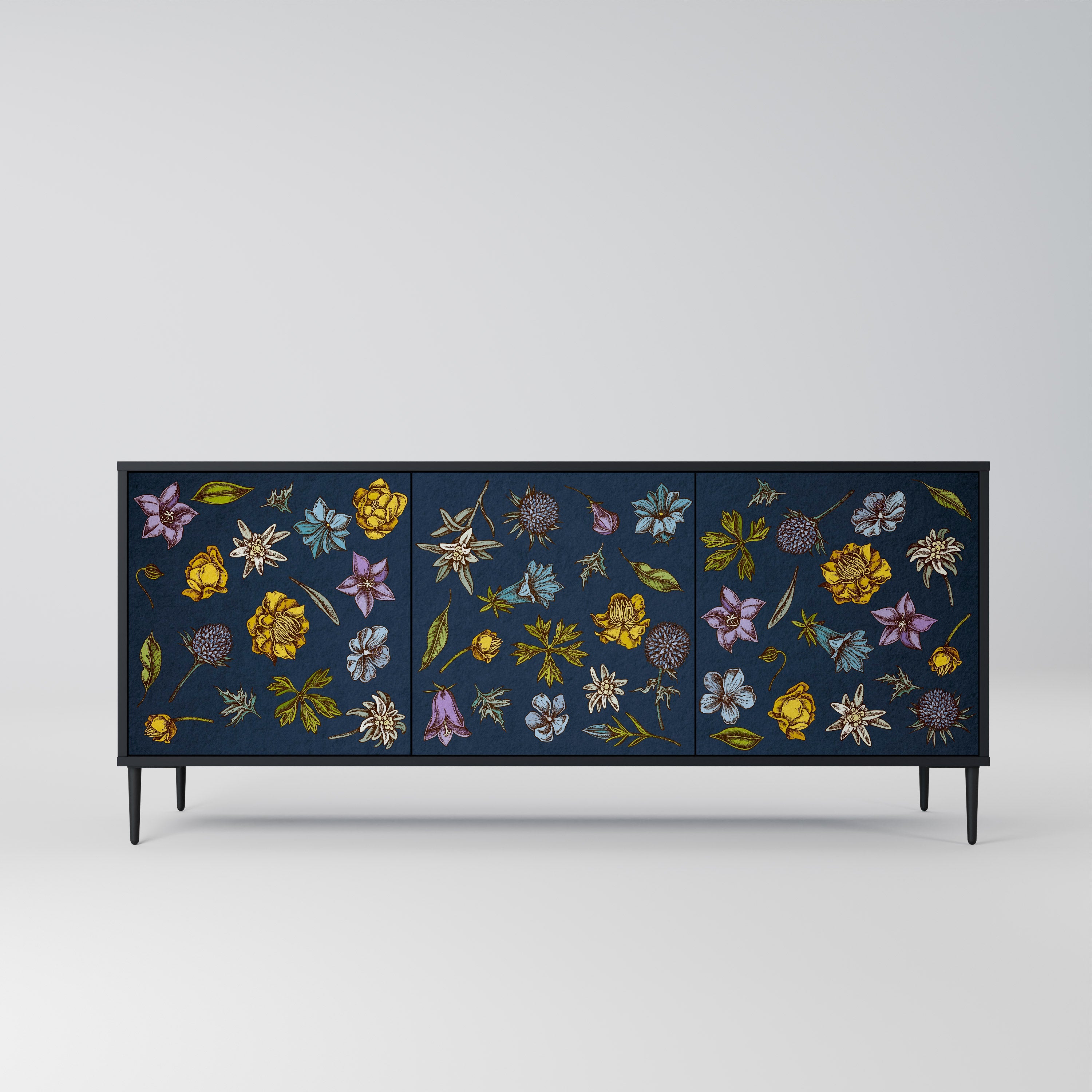 BLUMEN AUF MARINEBLAUEM 3-türigem Sideboard in schwarzem Finish