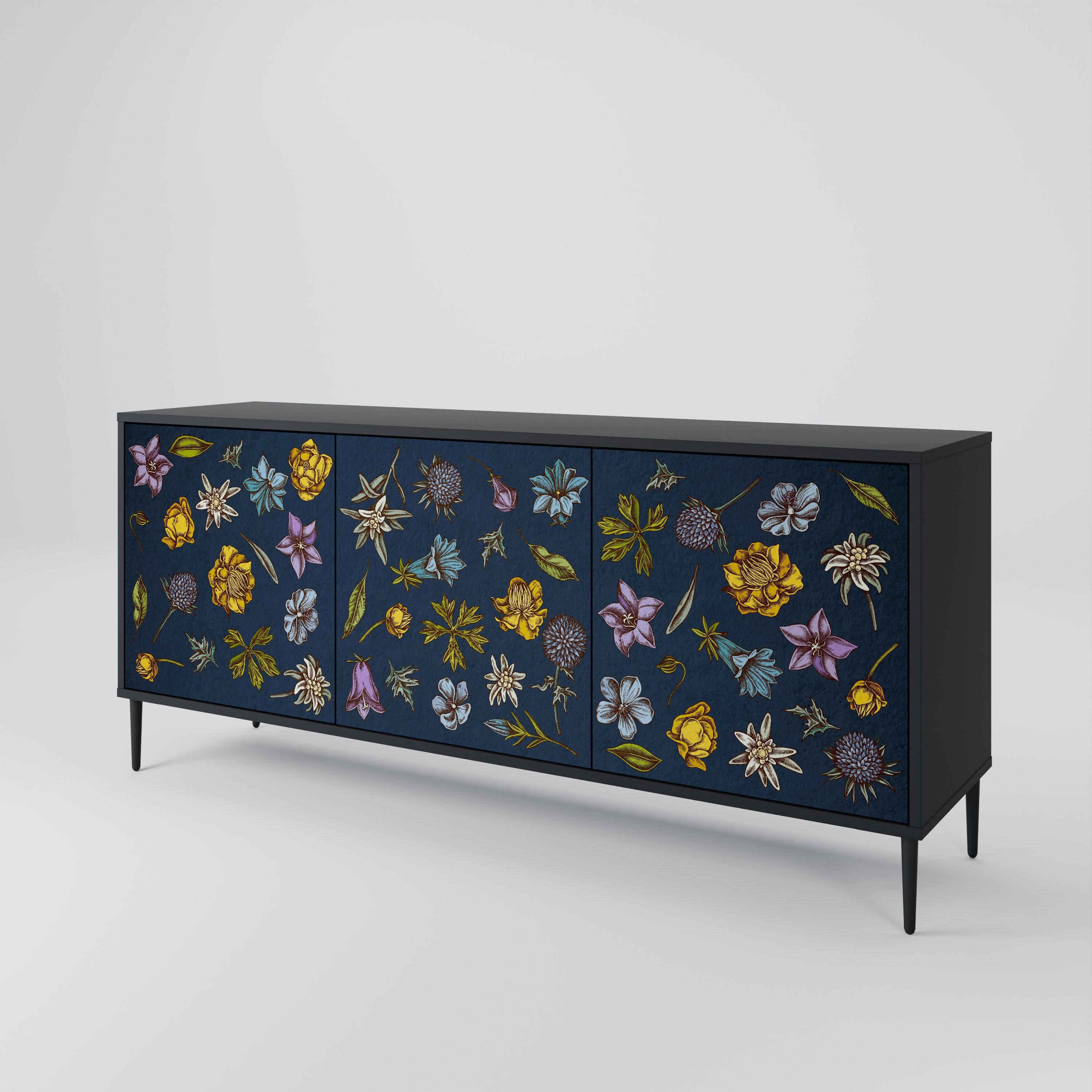 BLUMEN AUF MARINEBLAUEM 3-türigem Sideboard in schwarzem Finish