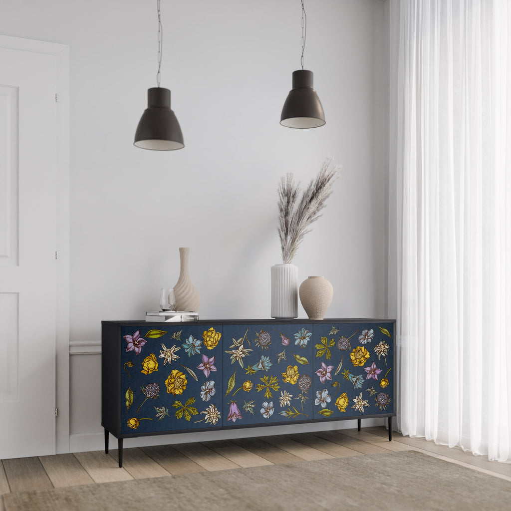 BLUMEN AUF MARINEBLAUEM 3-türigem Sideboard in schwarzem Finish