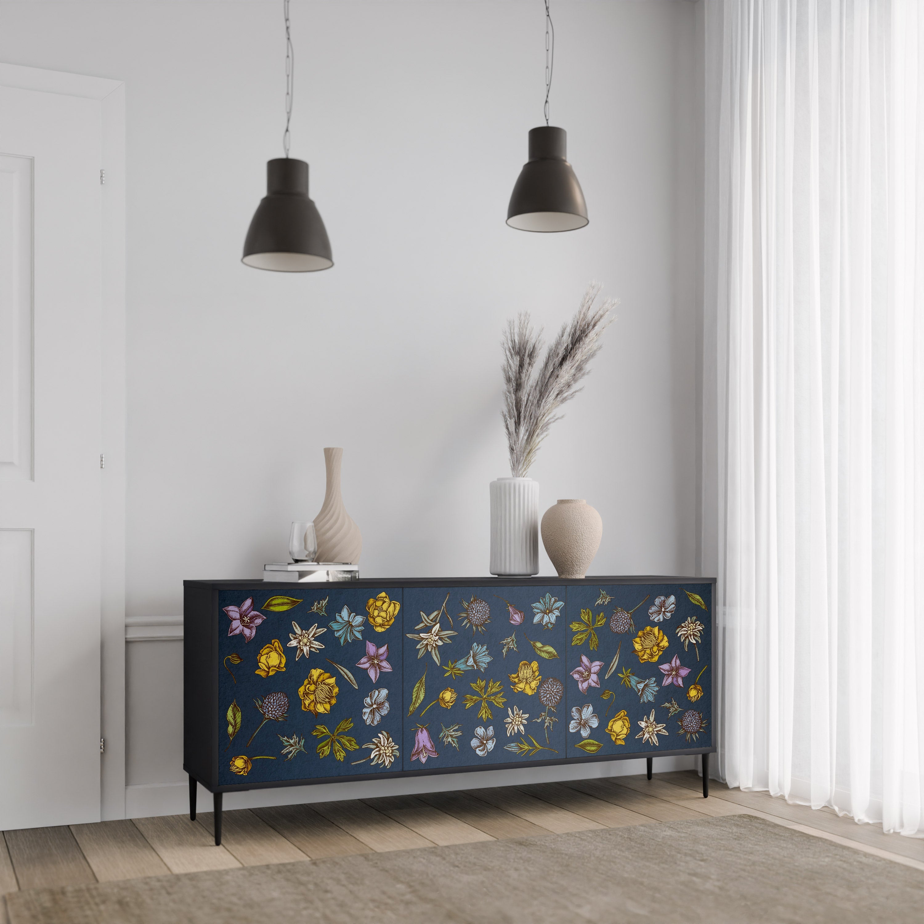 BLUMEN AUF MARINEBLAUEM 3-türigem Sideboard in schwarzem Finish