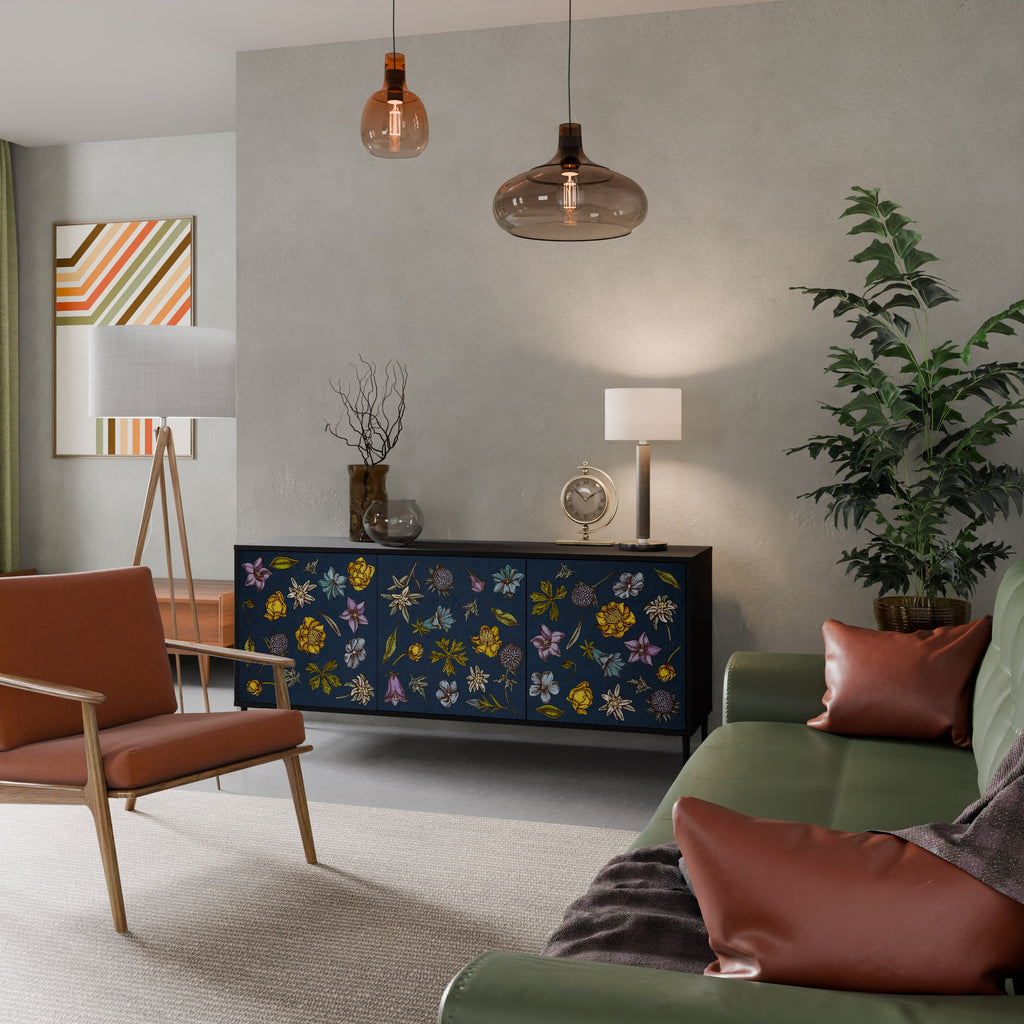 BLUMEN AUF MARINEBLAUEM 3-türigem Sideboard in schwarzem Finish