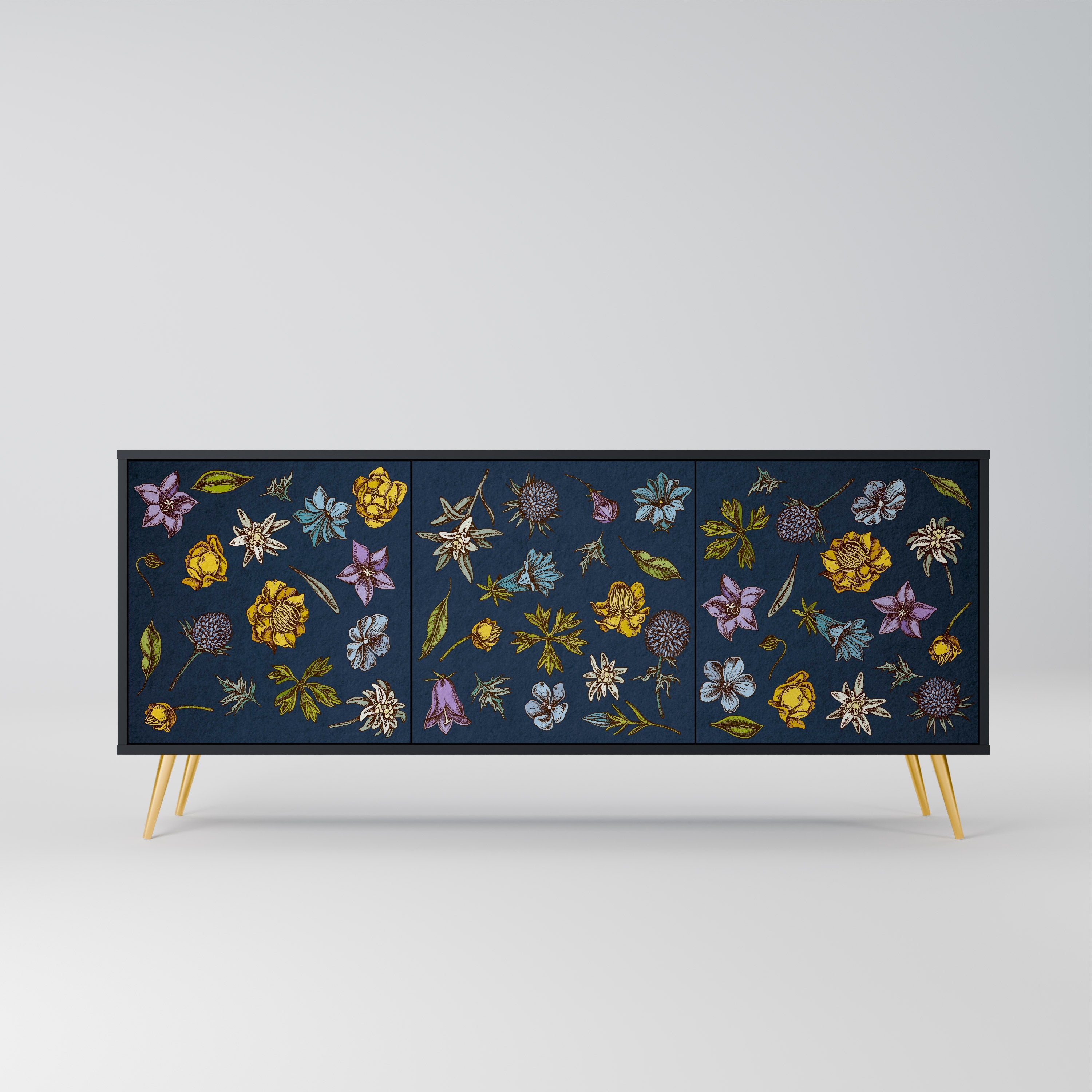 BLUMEN AUF MARINEBLAUEM 3-türigem Sideboard in schwarzem Finish
