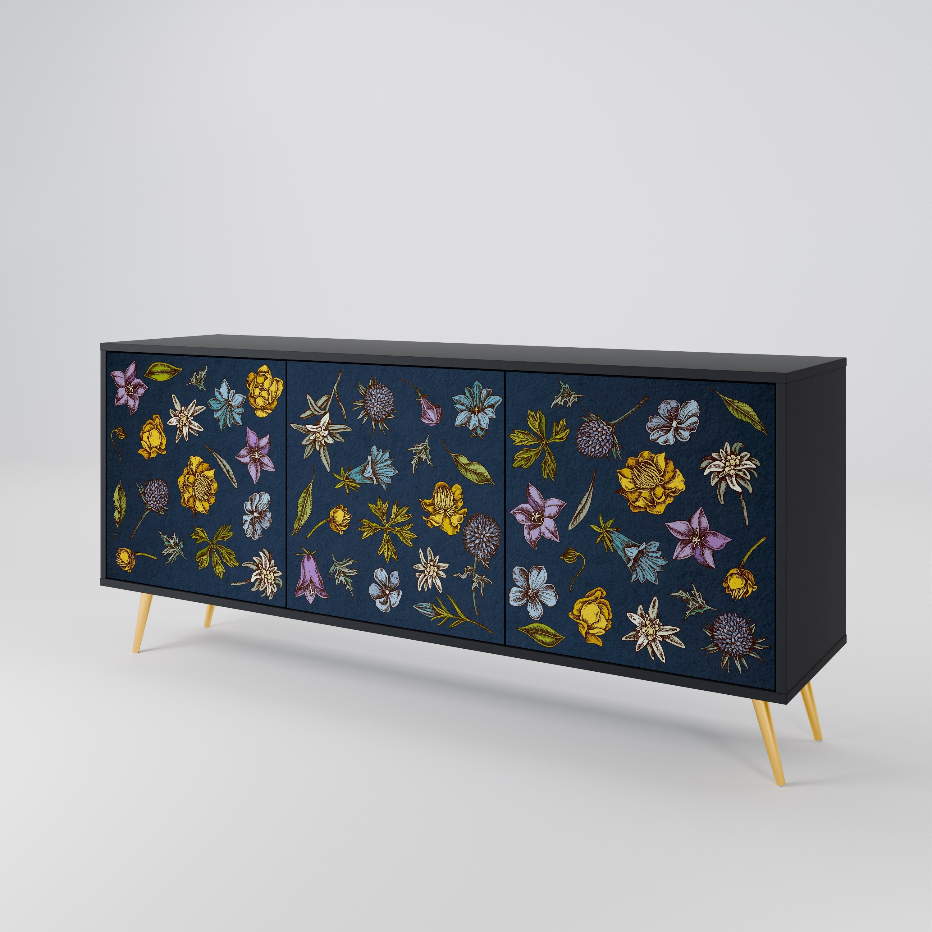 BLUMEN AUF MARINEBLAUEM 3-türigem Sideboard in schwarzem Finish