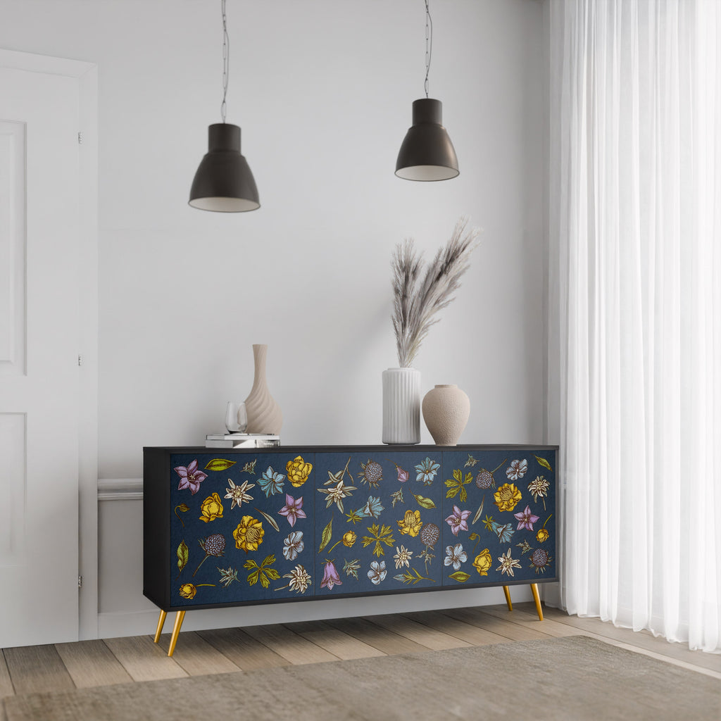 BLUMEN AUF MARINEBLAUEM 3-türigem Sideboard in schwarzem Finish