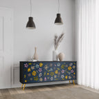 FLOWERS ON NAVY BLUE 3-Door Sideboard in Black Finish