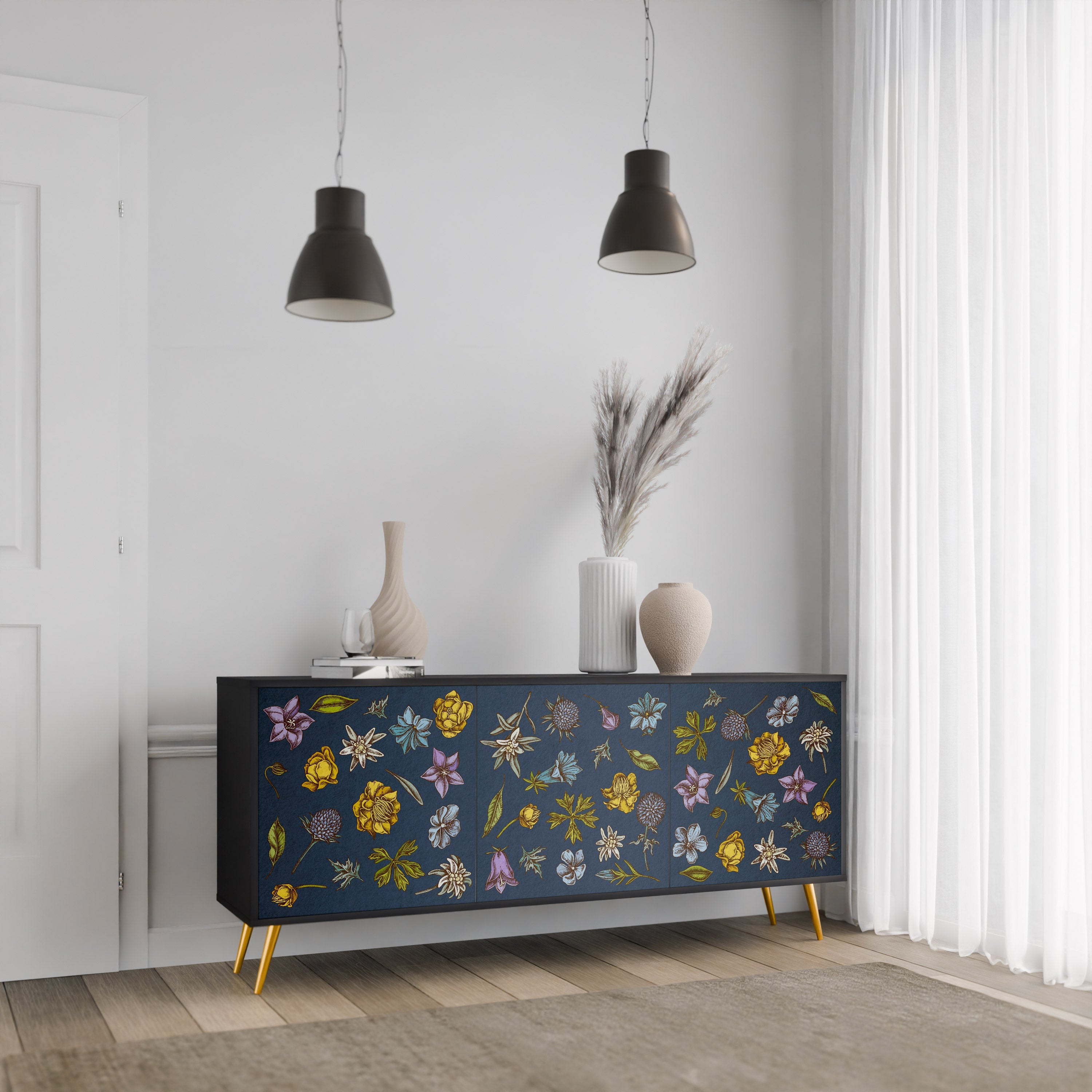 BLUMEN AUF MARINEBLAUEM 3-türigem Sideboard in schwarzem Finish