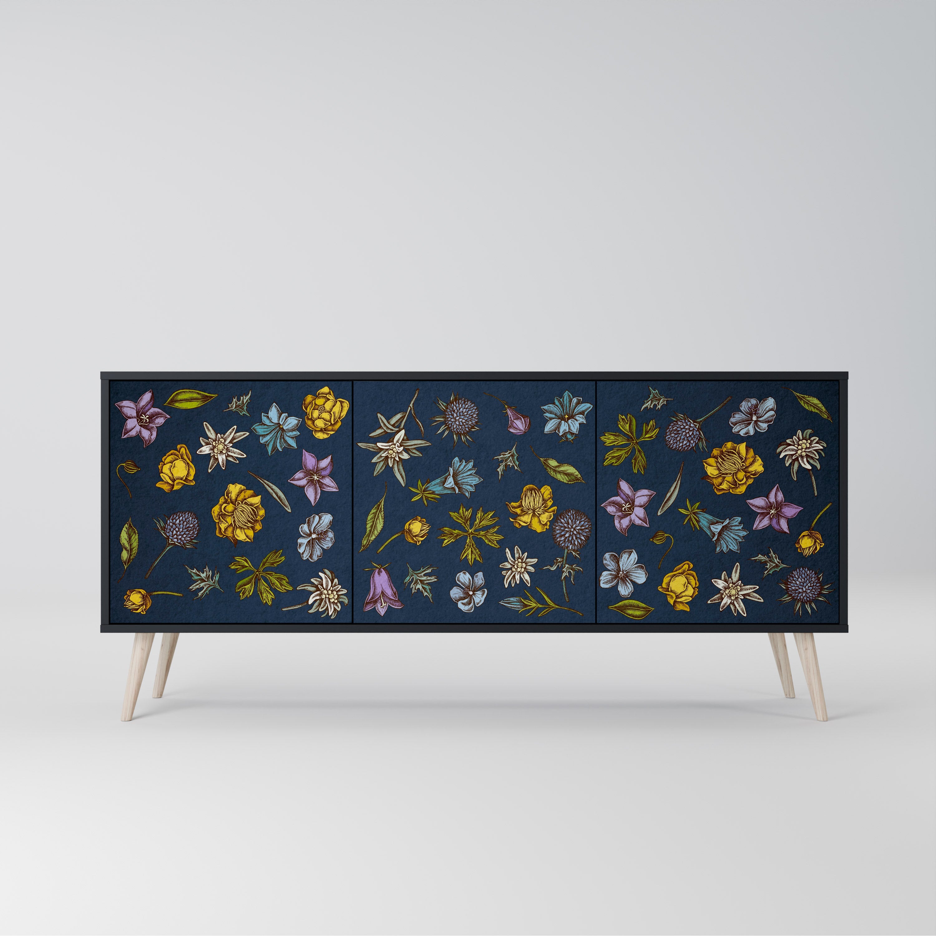 BLUMEN AUF MARINEBLAUEM 3-türigem Sideboard in schwarzem Finish