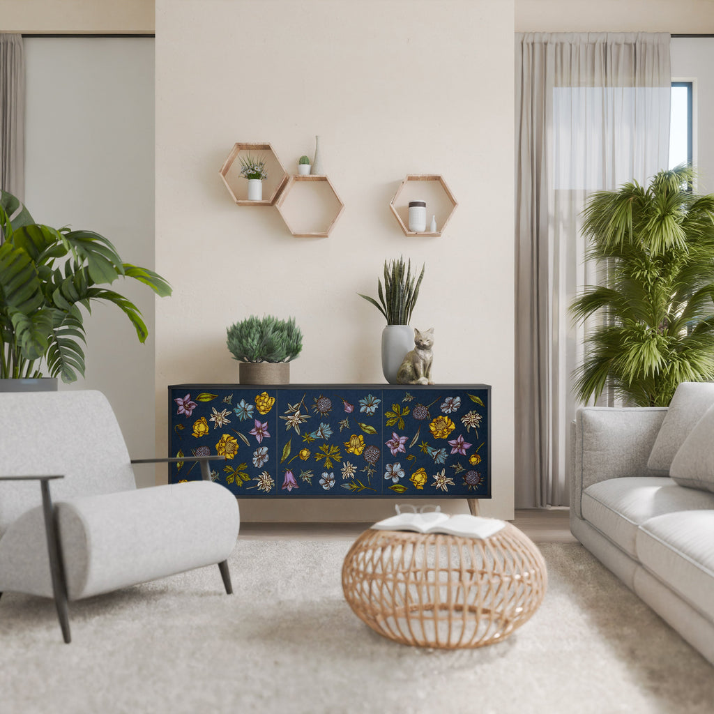 BLUMEN AUF MARINEBLAUEM 3-türigem Sideboard in schwarzem Finish