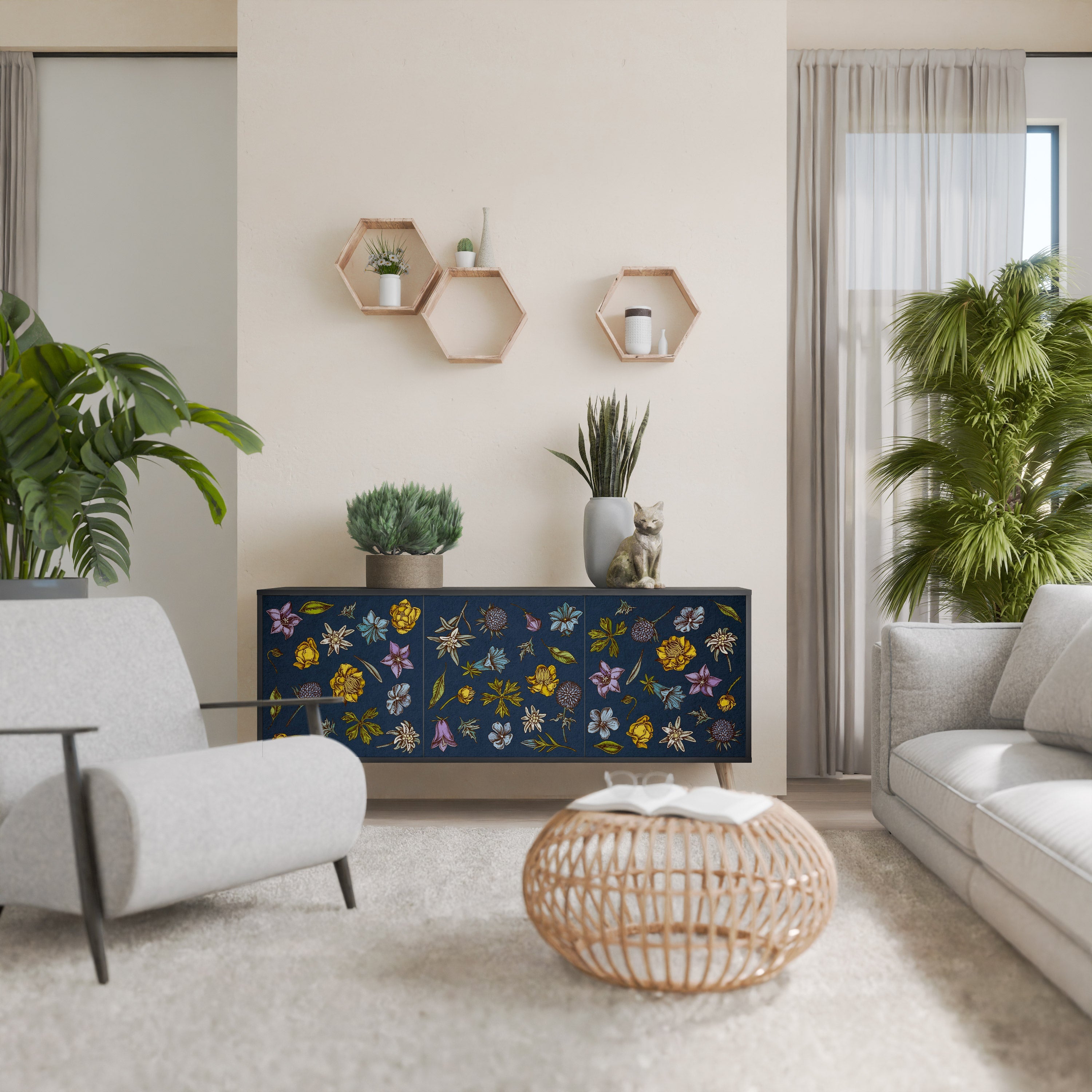 BLUMEN AUF MARINEBLAUEM 3-türigem Sideboard in schwarzem Finish