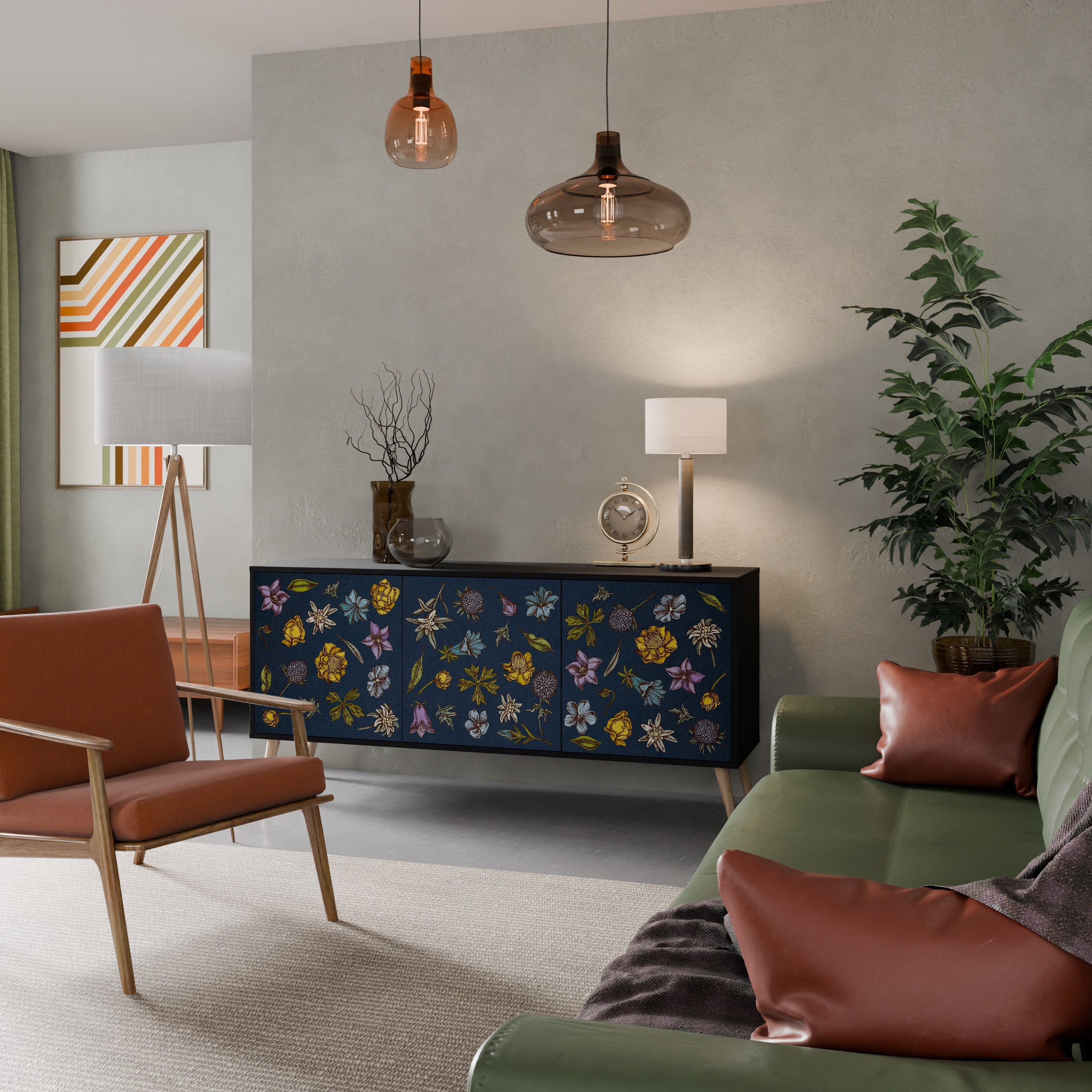 BLUMEN AUF MARINEBLAUEM 3-türigem Sideboard in schwarzem Finish