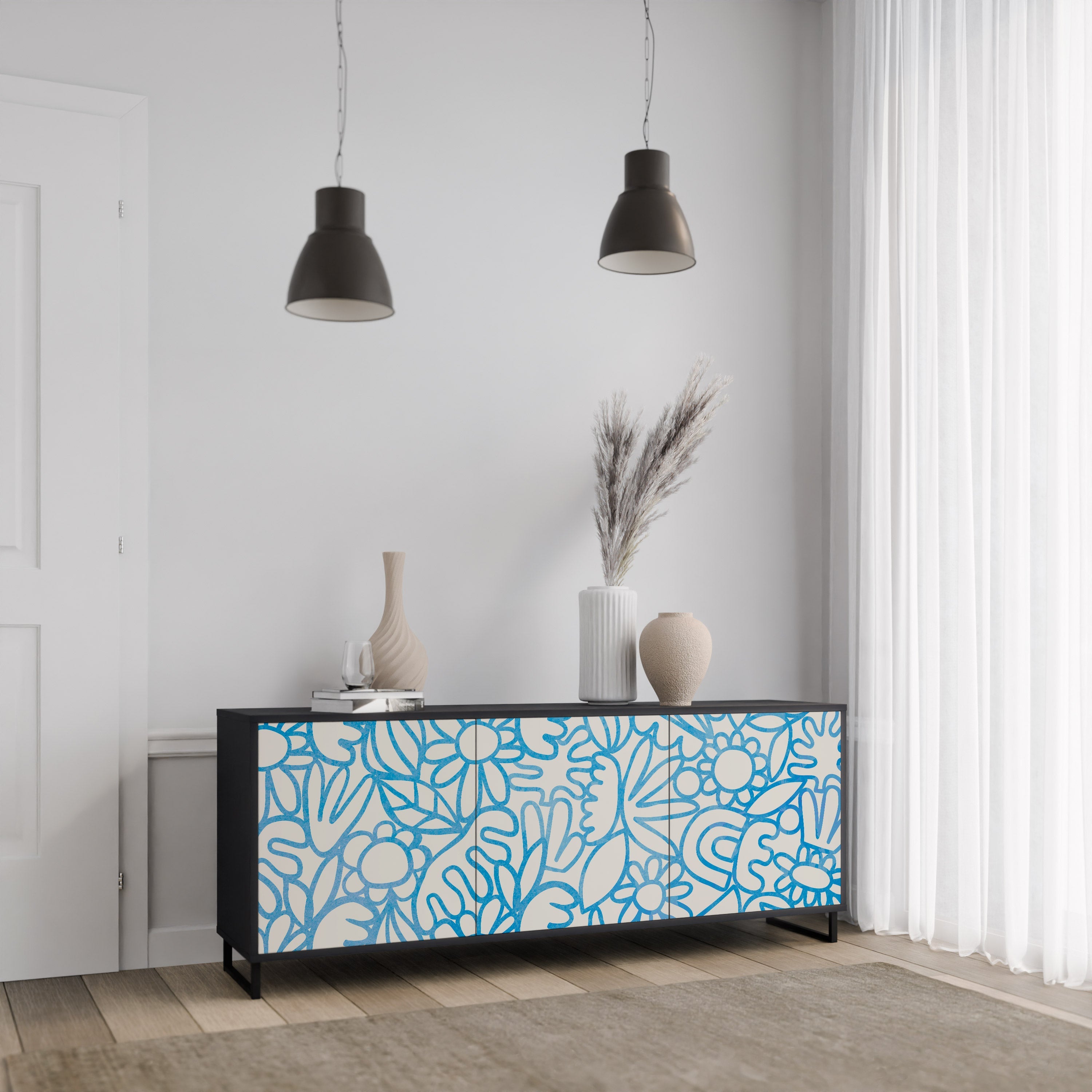 BLOOMY MORNING 3-türiges Sideboard in Schwarz