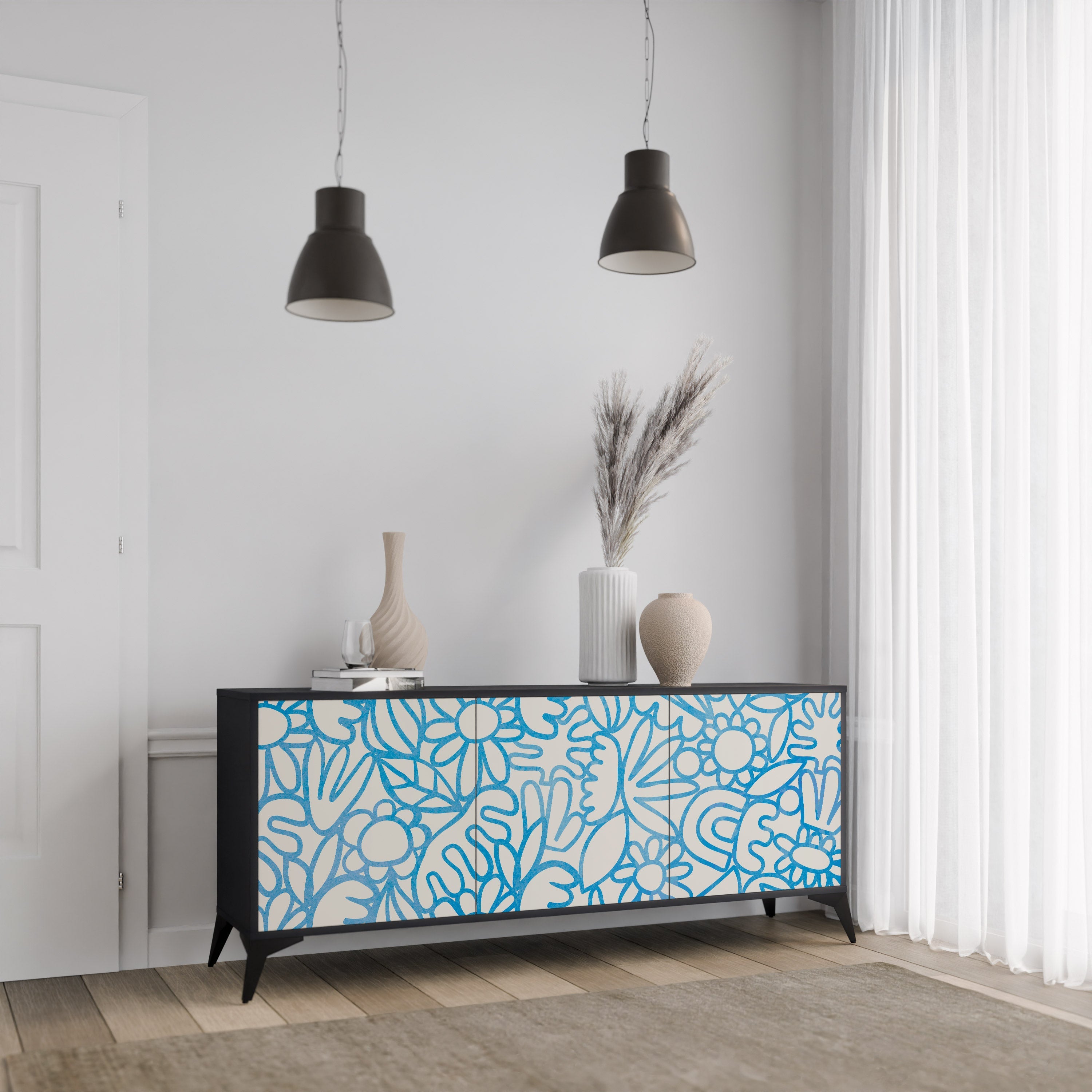 BLOOMY MORNING 3-türiges Sideboard in Schwarz