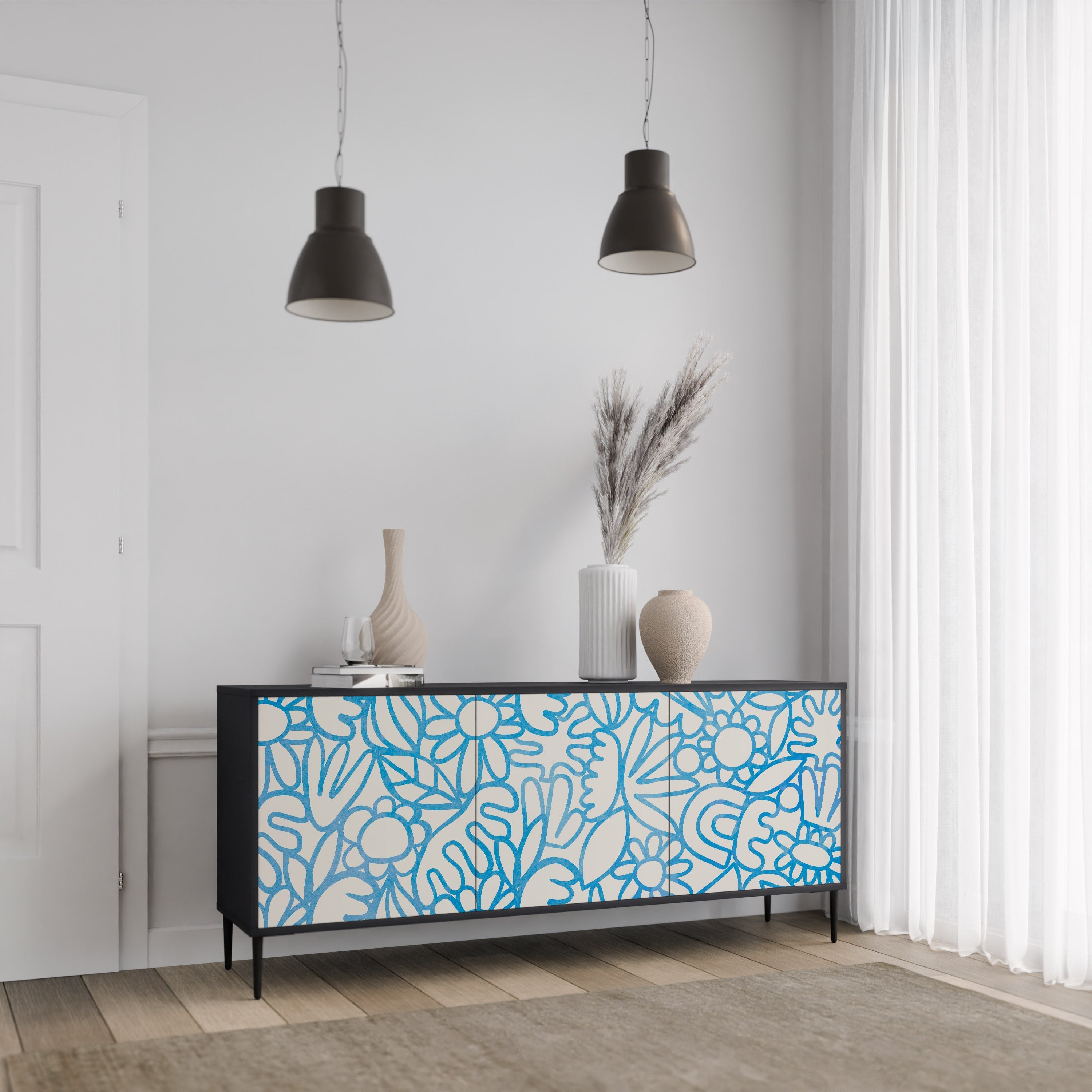 BLOOMY MORNING 3-türiges Sideboard in Schwarz