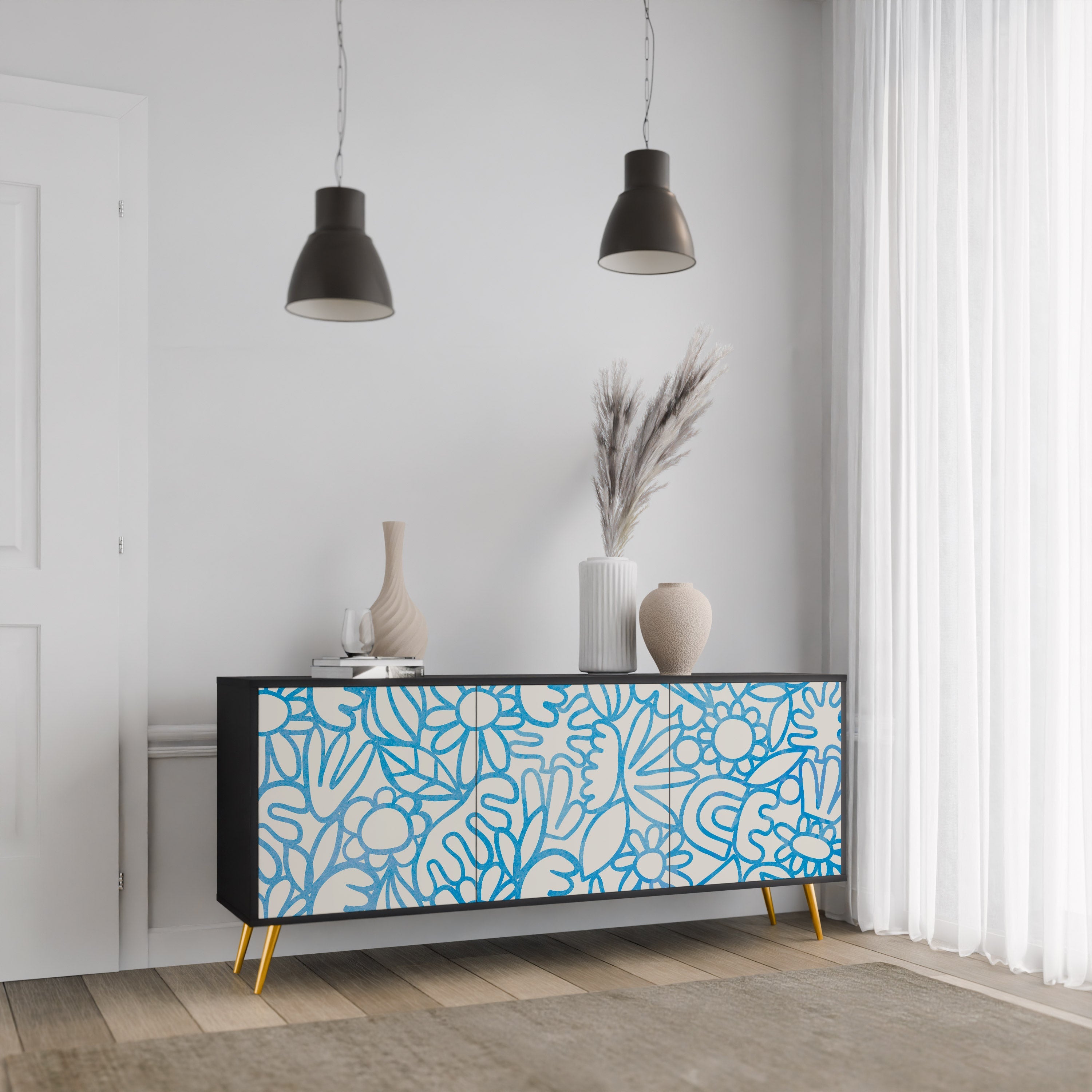 BLOOMY MORNING 3-türiges Sideboard in Schwarz