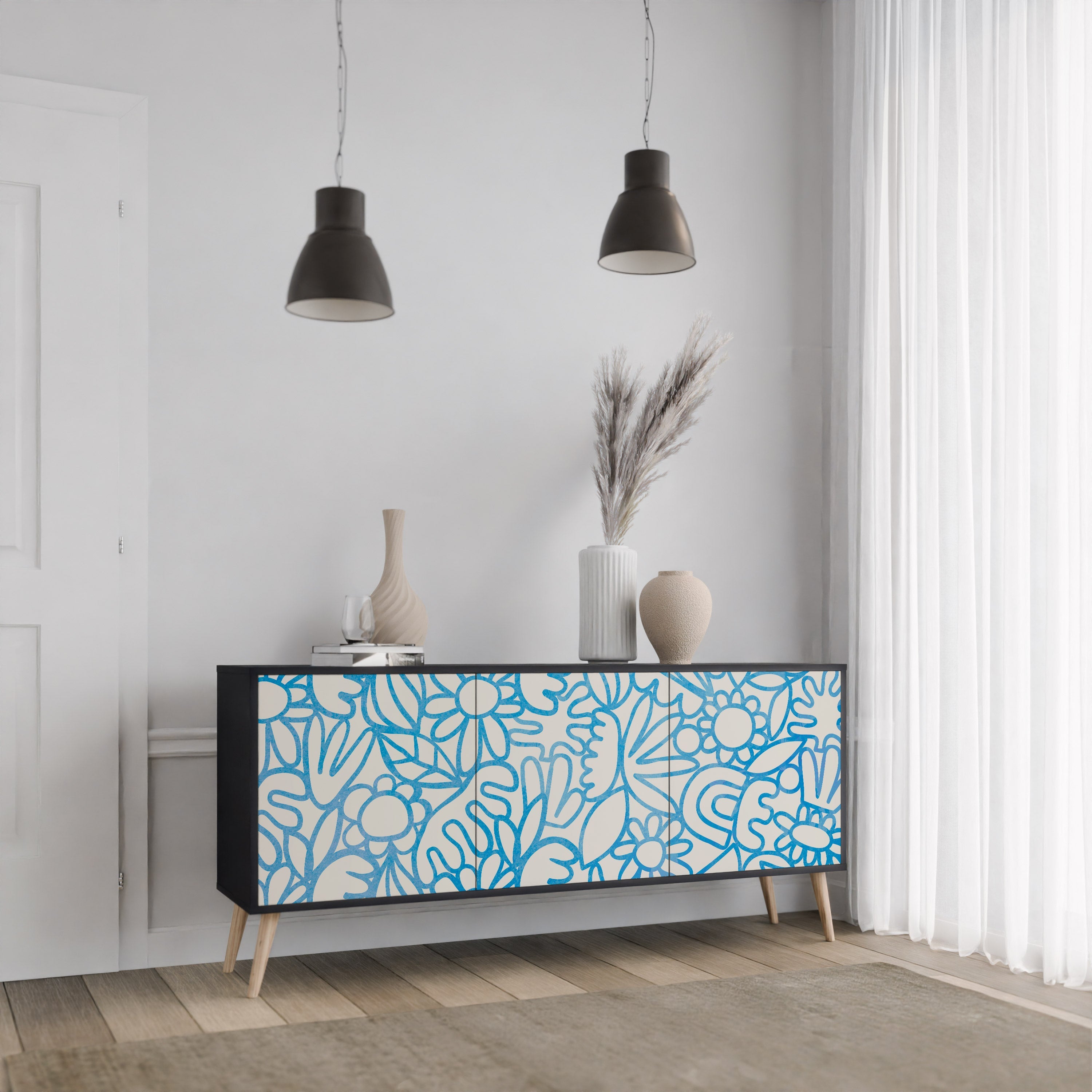 BLOOMY MORNING 3-türiges Sideboard in Schwarz