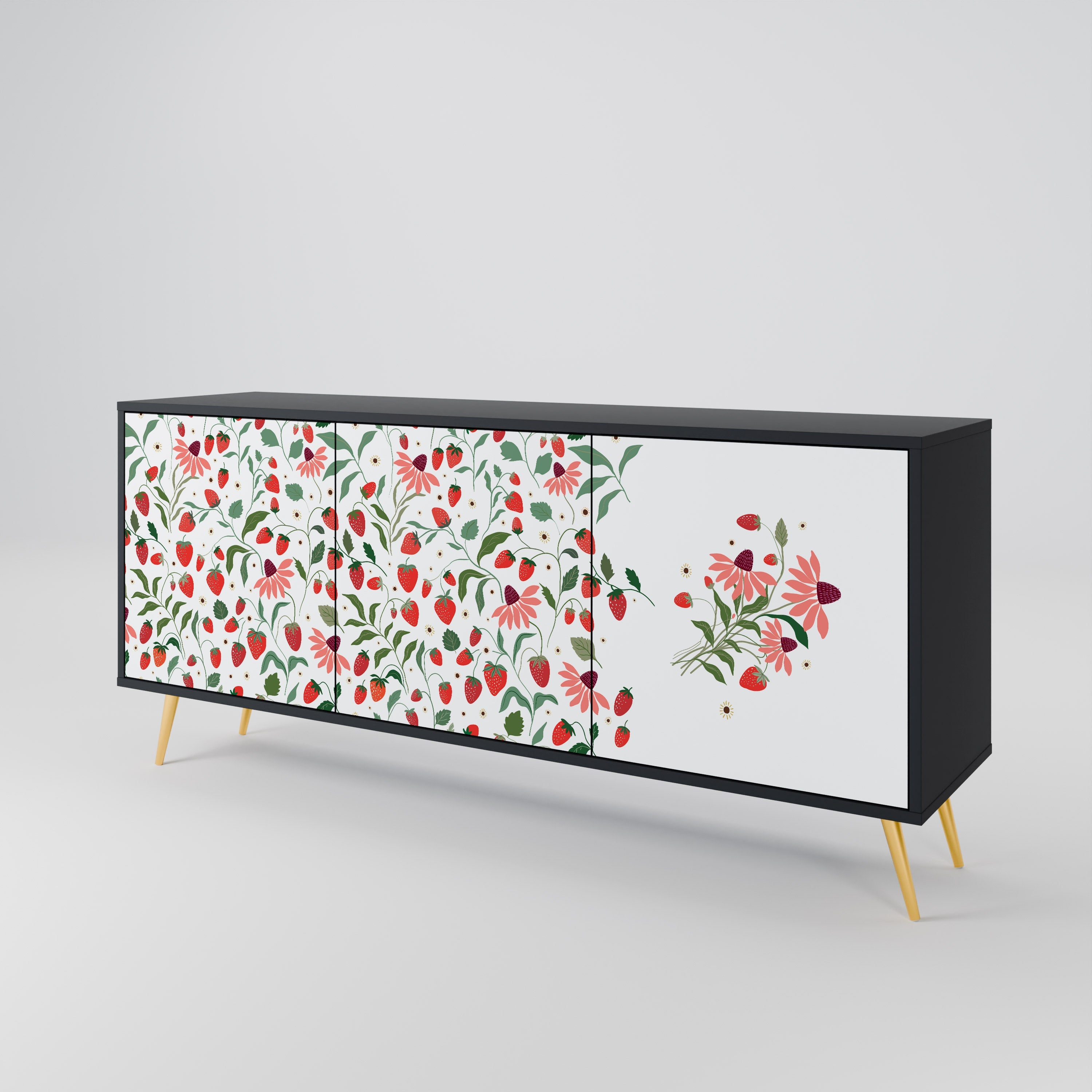 FLOWERS AND STRAWBERRIES 3-türiges Sideboard in Schwarz