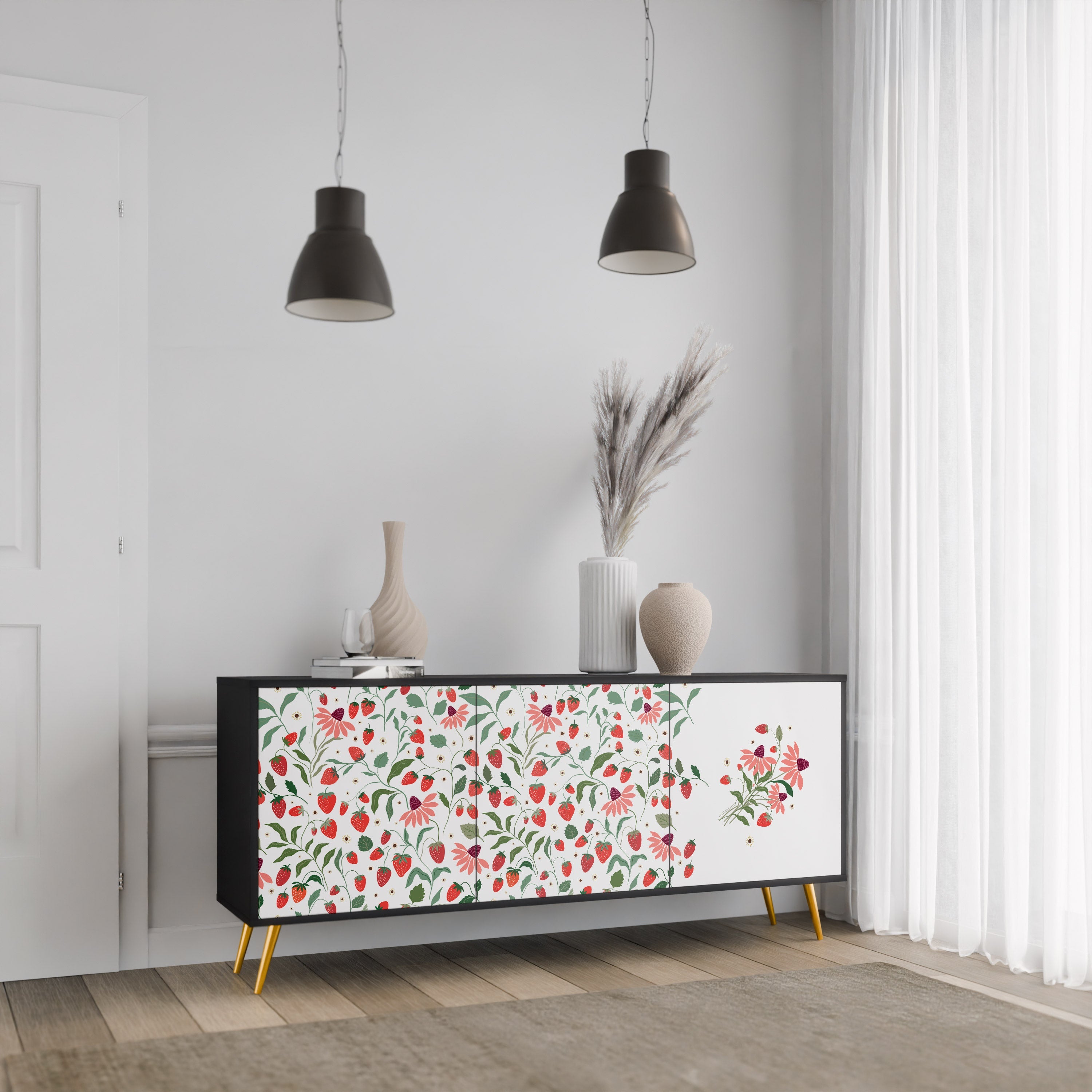 FLOWERS AND STRAWBERRIES 3-türiges Sideboard in Schwarz